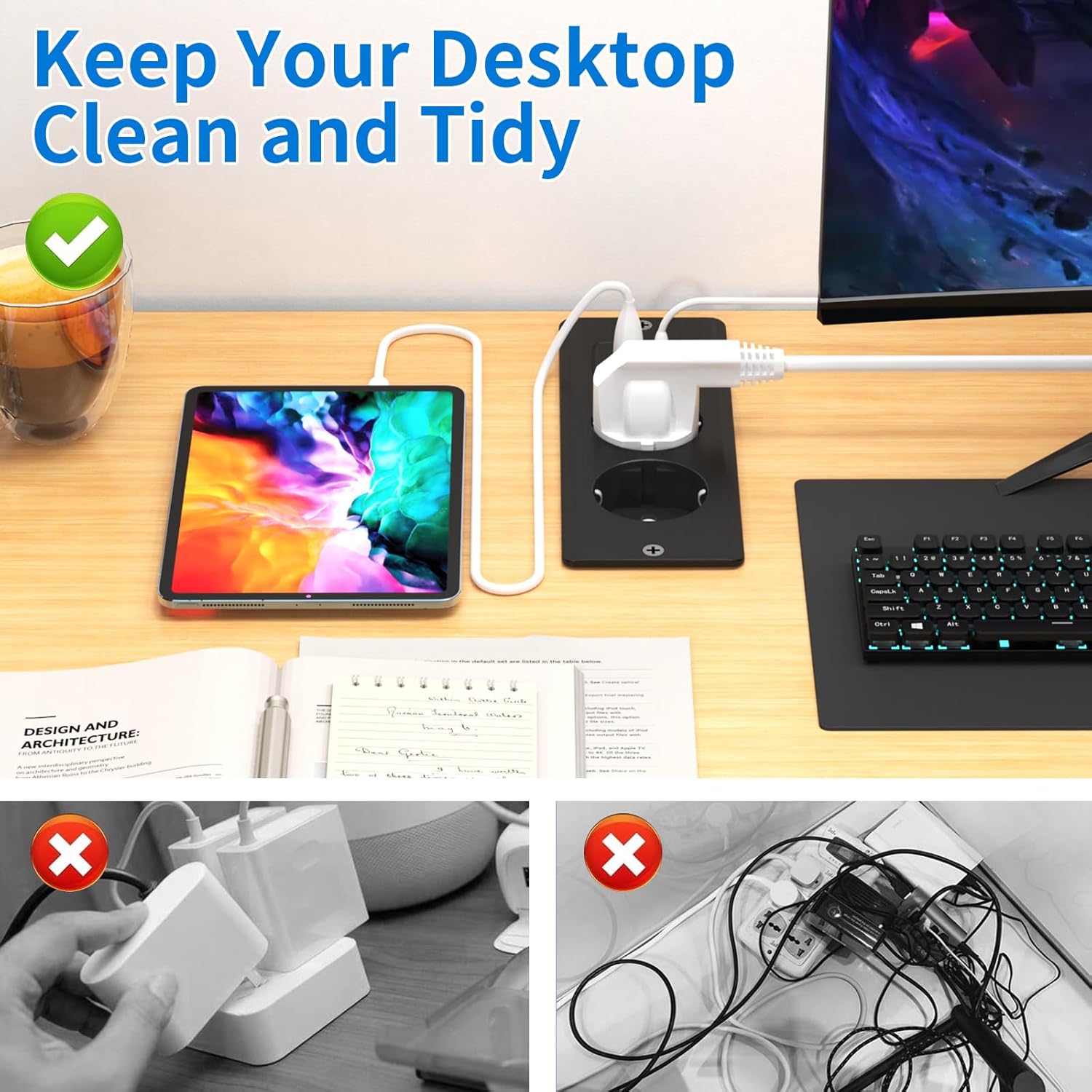 Prise encastrable avec USB C 20 W, 2 Prises de Table avec USB A et Type-C, 4 en 1, Plateau de Table, Triple Prise encastrée avec câble d'extension - 4