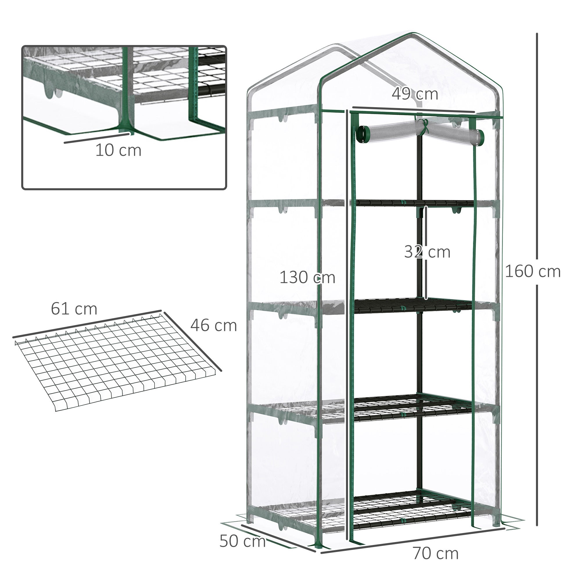 Serre de jardin avec étagères 4 niveaux, serre de balcon, bâche renforcée PVC, châssis en acier,intérieur et extérieur, 70x50x160cm, transparente - 5
