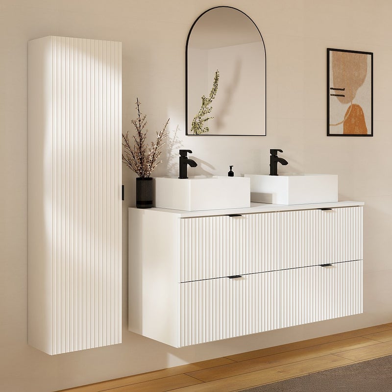 Zawieszany mebel łazienkowy prążkowany z kwadratową umywalką nablatową i słupkiem - Biały matowy - 120 cm - ZEVINI