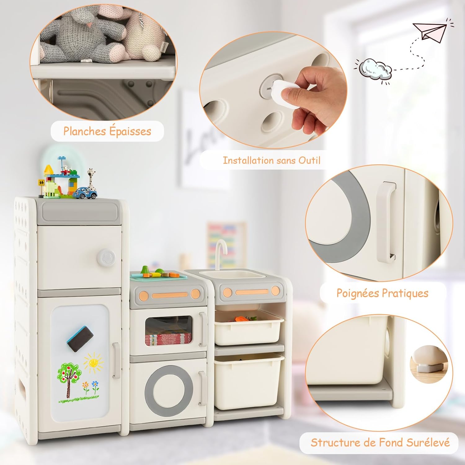 Mobile Porta Giochi per Bambini, Scaffale e Libreria Giochi Multiuso con Lavagna Magnetica Lavello e Rubinetto Rimovibili, Ante e Contenitori, - 6