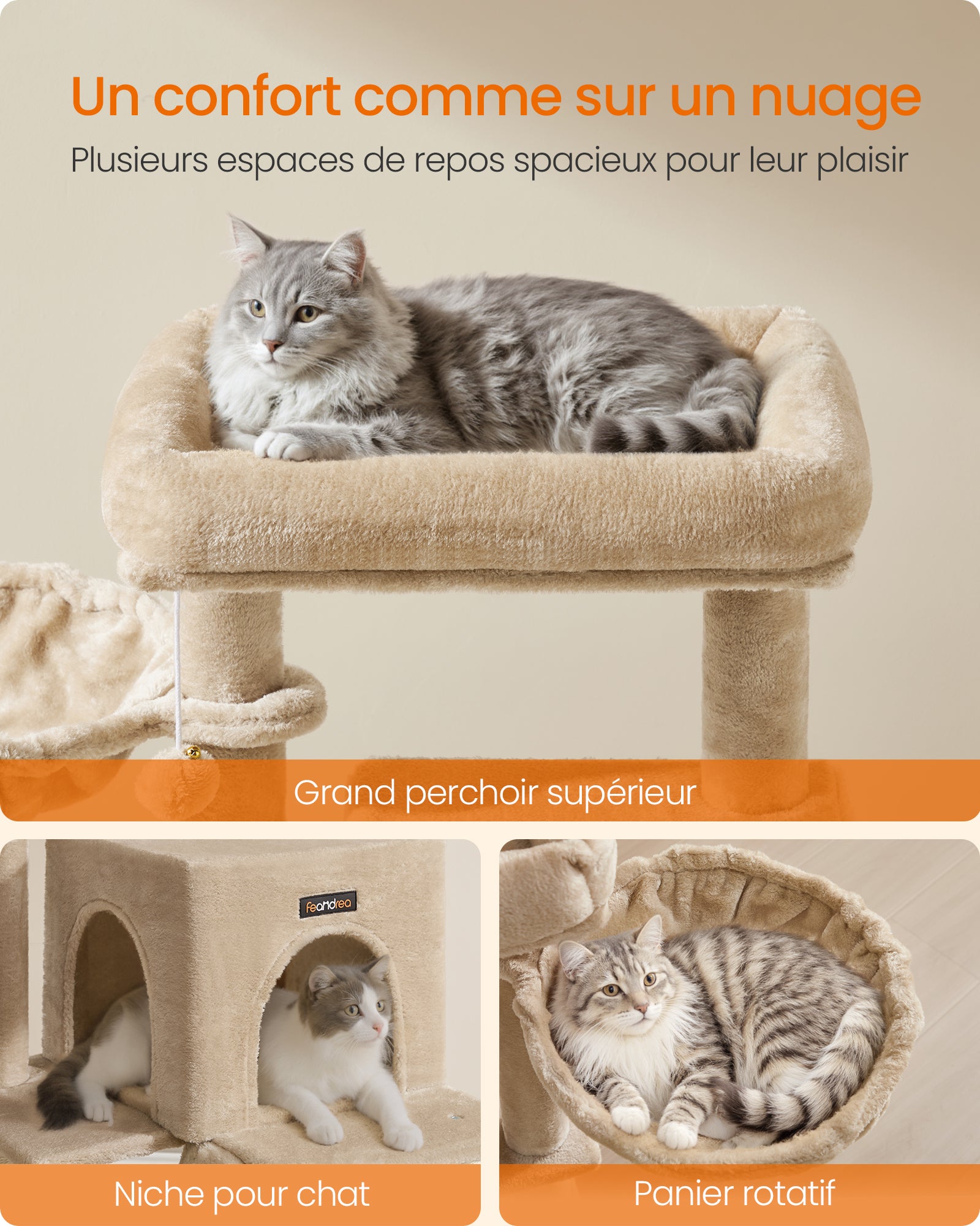 Arbre à Chat, Tour de Jeux, Grand Plate-Forme, Marron Camel - 7