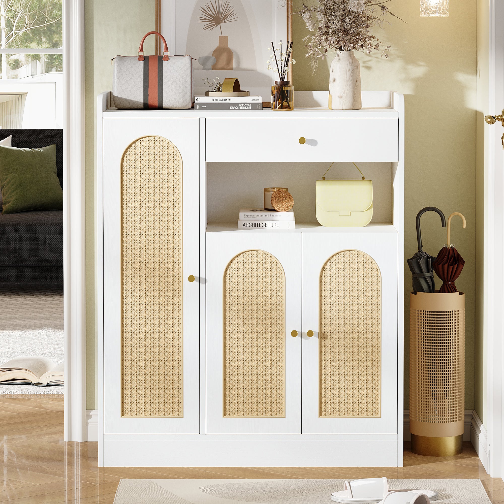Dulap de depozitare pantofi / dulap de rattan cu spațiu de depozitare, 1 sertar, 3 uși cu rafturi reglabile, pentru intrare