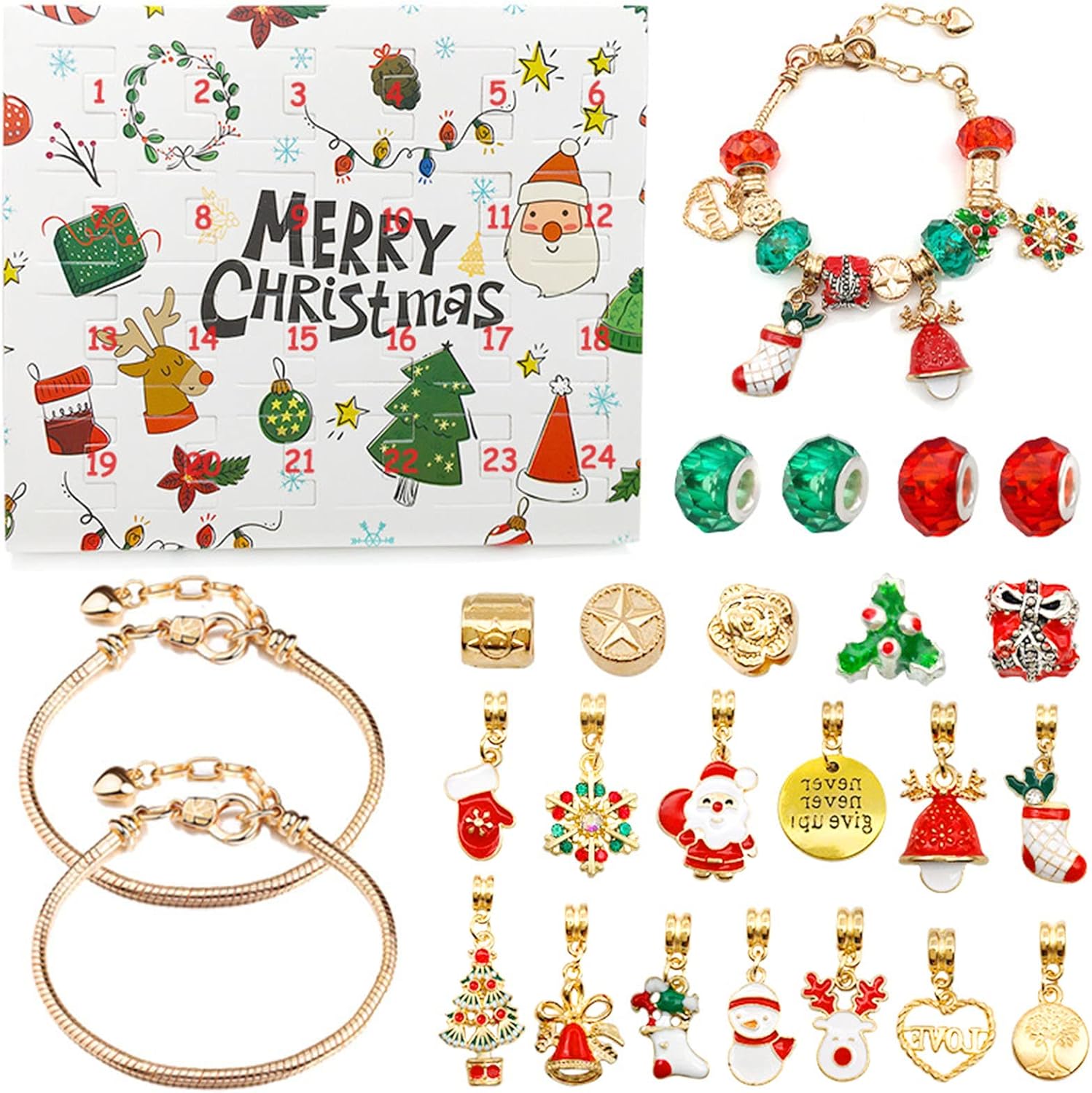Calendrier De L'Avent Bijoux 24 Jours - Kit Bracelet à Charmes - Cadeau Noël Fille - Or Et Argent