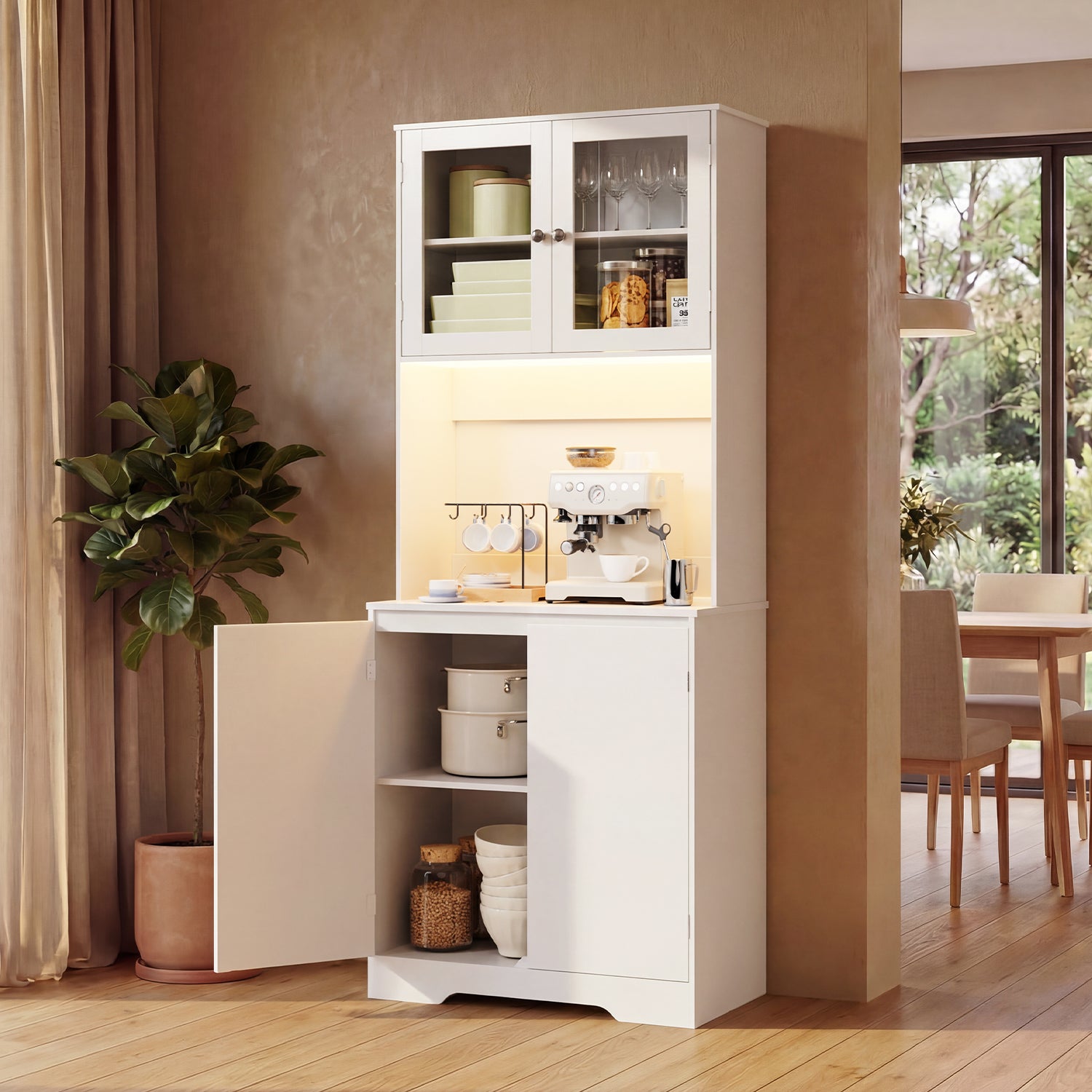 Meuble de rangement cuisine haut blanc,180 cm,4 portes avec compartiments et portes vitrées - 2