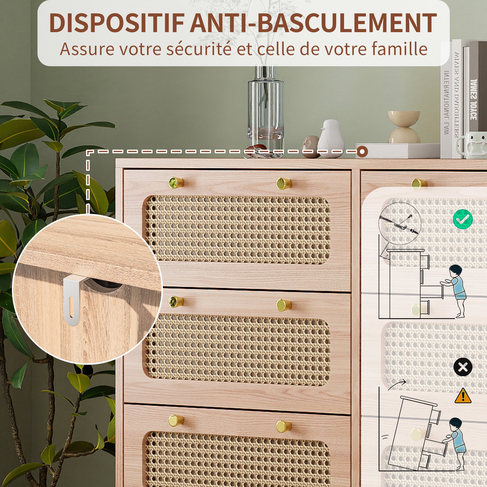 Commode à 6 tiroirs en rotin - 100x34x73cm - avec poignées en métal - pour chambres, salons, bureaux - Couleur bois - 3