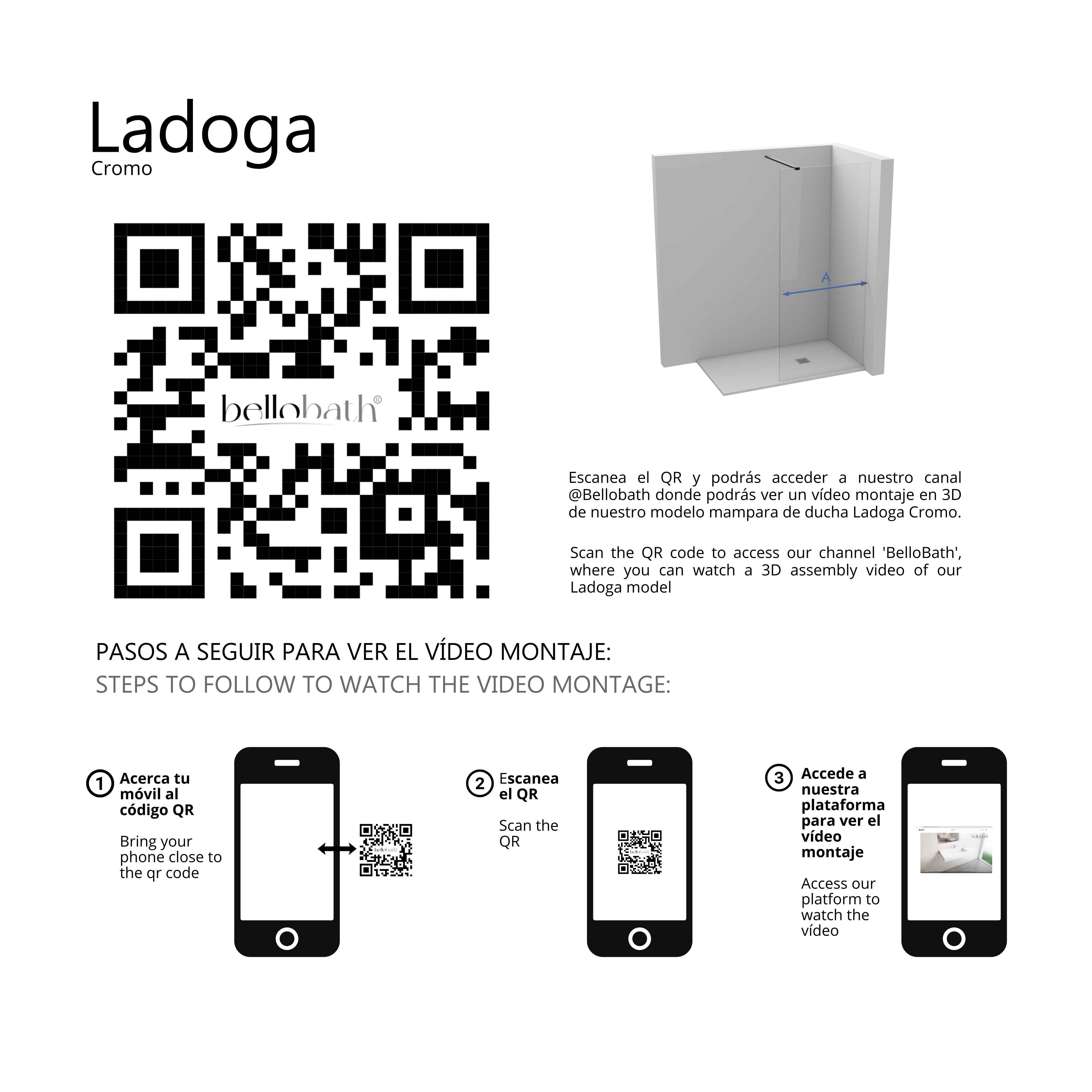 BELLOBATH - Divisória de duche frontal com painel fixo - Transparente - Perfis em prata brilhante - Largura adaptável 98-100 cm - Alto 195 cm - 5
