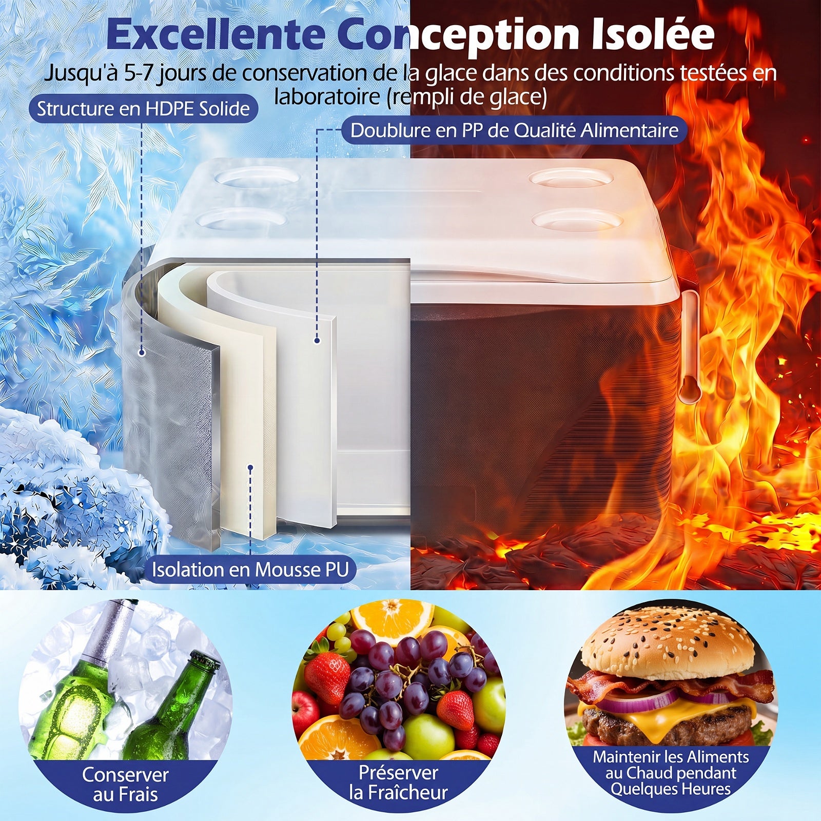 Glacière Rigide 41L Isotherme, Boîte Réfrigérante Grande Capacité, Maintien au Froid 5 à 7 Jours, Glacière de Camping Portable avec Porte-Gobelets - 4