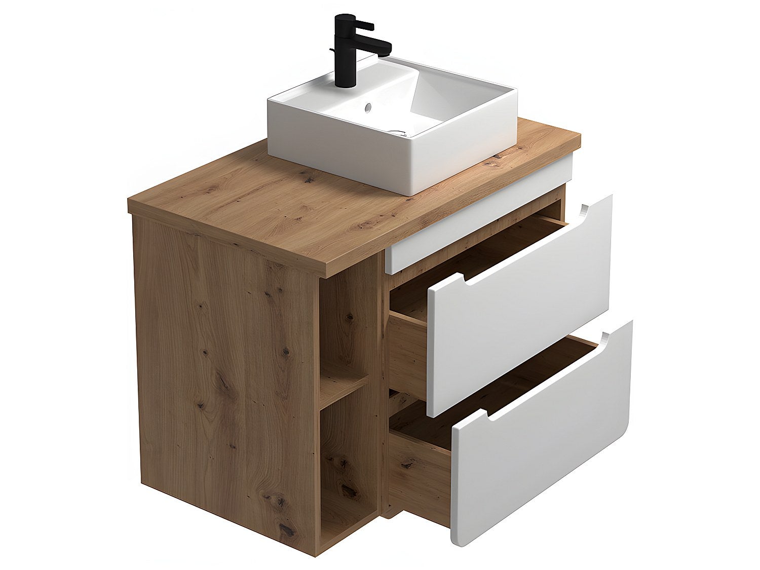 Meuble de salle de bain suspendu simple vasque et niches - Coloris naturel et blanc - 80 cm - ARUBA - 2
