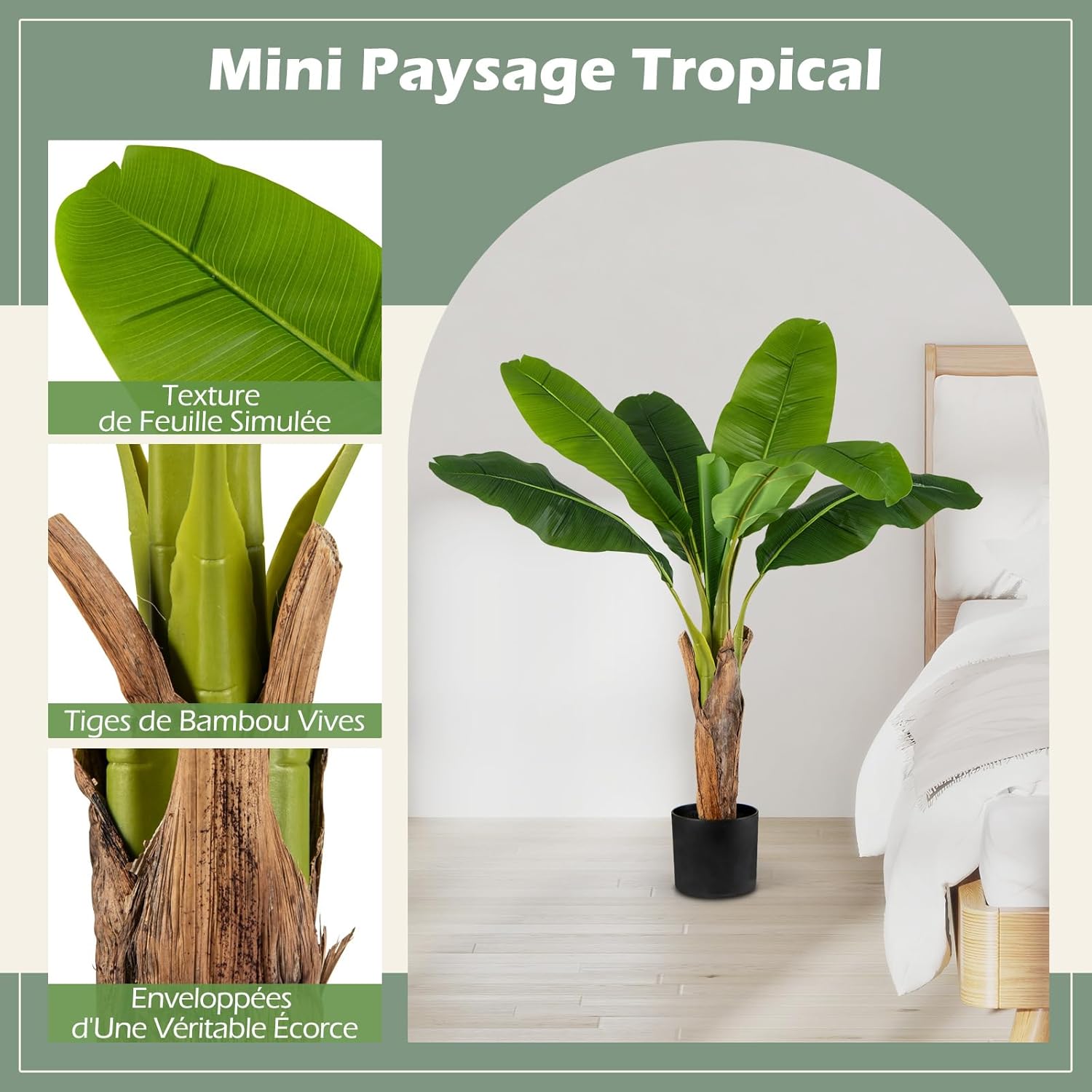 Conjunto de 2 árvores artificiais de ave-do-paraíso de 107 cm, plantas artificiais com folhas de bananeira com vaso e ramos ajustáveis para casa ou al - 5