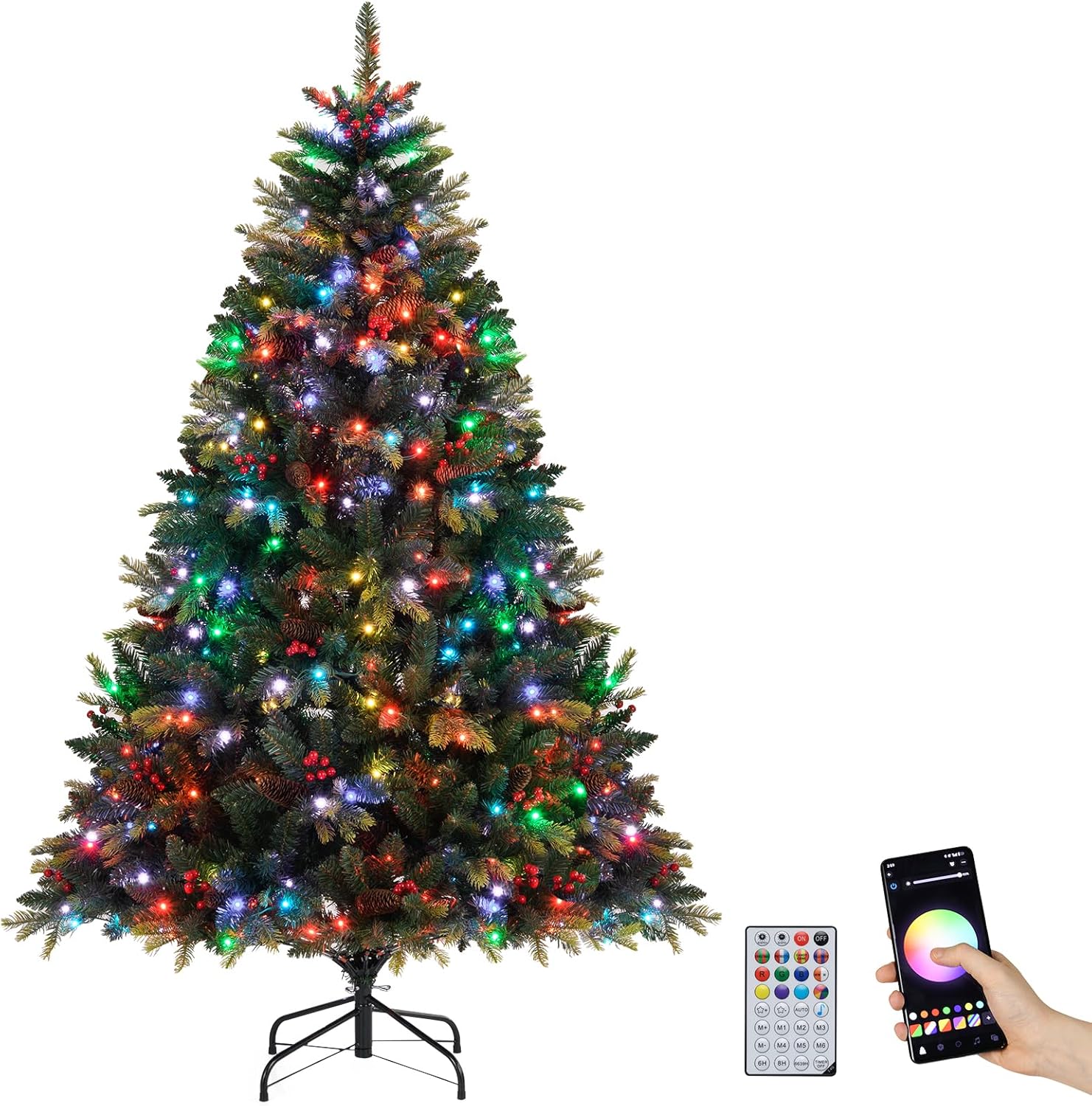SHareconn Sapin de Noël Artificiel 220cm Pré-illuminé avec 400 Lumières RGB Multicolores & Télécommande, 1381 Pointes de Branches sur Support en Bois Croisé Stable, Décoration de Fêtes pour la Maison
