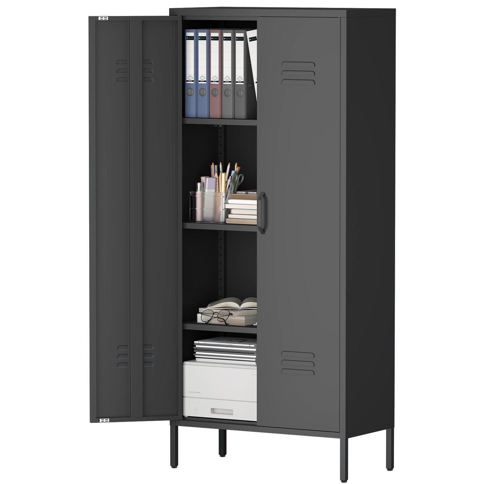 Armario alto de metal negro con 2 puertas y estantes ajustables, armario utilitario multifuncional para oficina en casa, cuarto de servicio y garaje. - 8