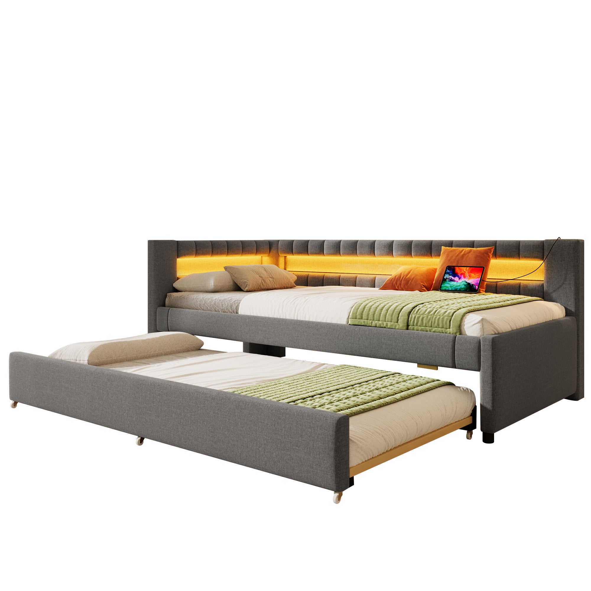 Cama nido para adultos de lino 90 × 200 cm con barra luminosa LED, sofá cama 2 en 1 con somier de láminas, USB + TYPE-C, Gris (sin colchón) - 7