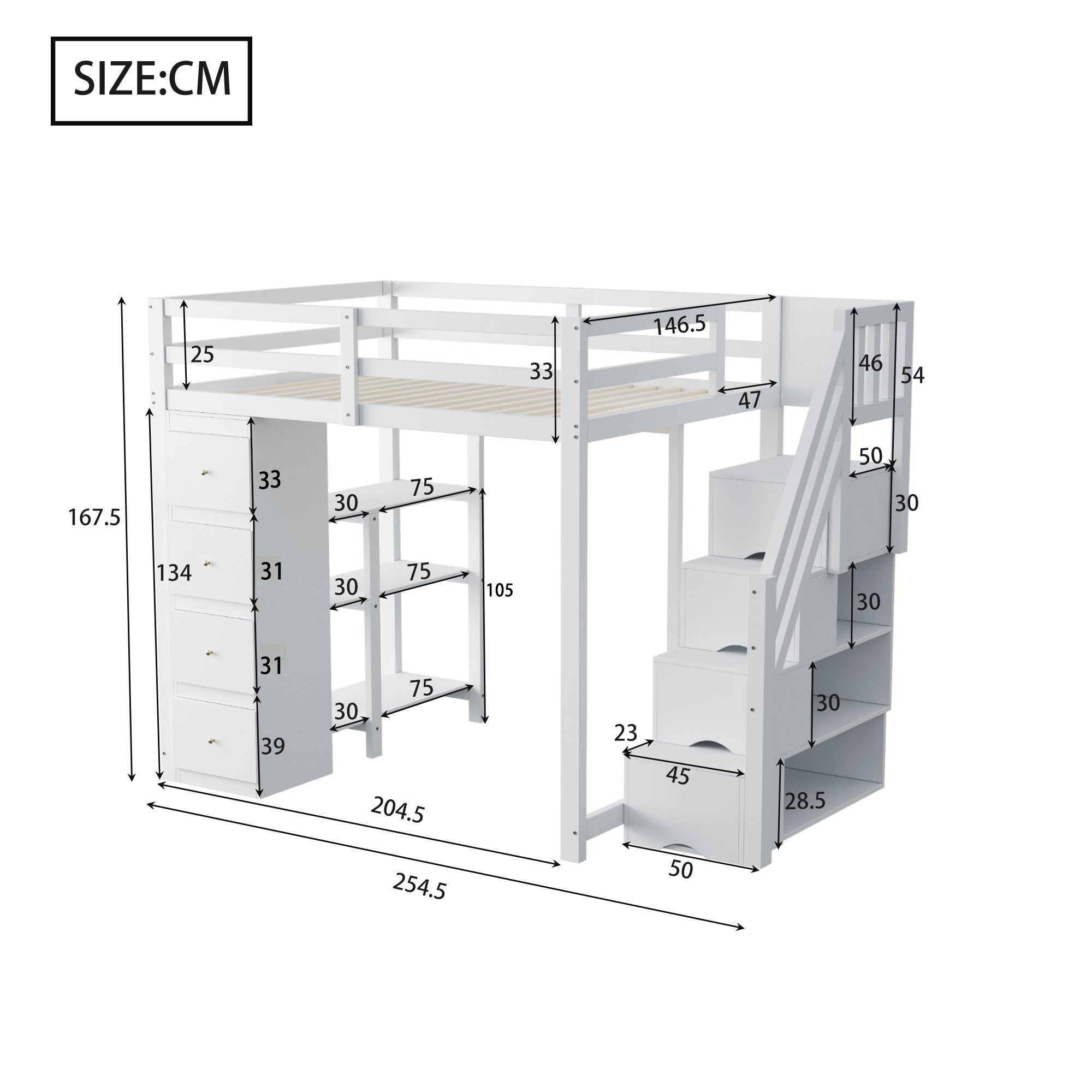 Łóżko mezzanine 140x200cm z litego drewna - z 4 szufladami i schodami do przechowywania - Białe (materac nie jest w zestawie) - 5