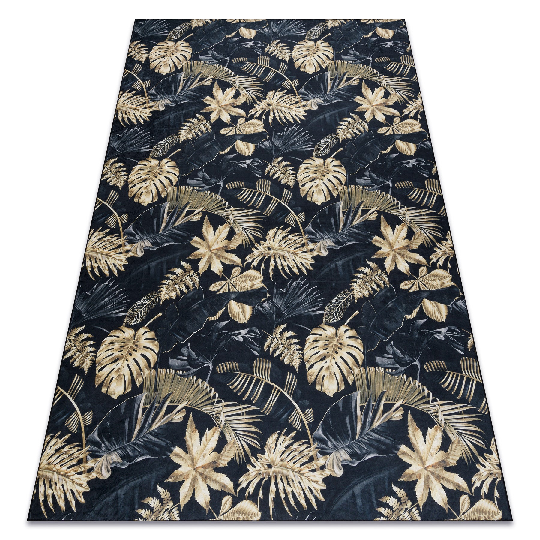 Dywan do prania ANDRE 1311 Liście Monstera antypoślizgowy - czarny / złoty 80x150 cm