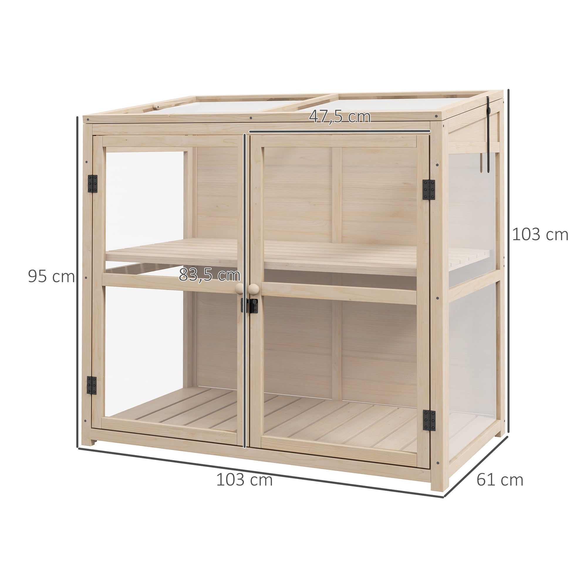 Serre de jardin bois 2 niveaux 103x61x103 cm, double porte, toit ouvrant, ventilation, charge 60 kg, naturel – ComfortXL Outdoor Living - 3