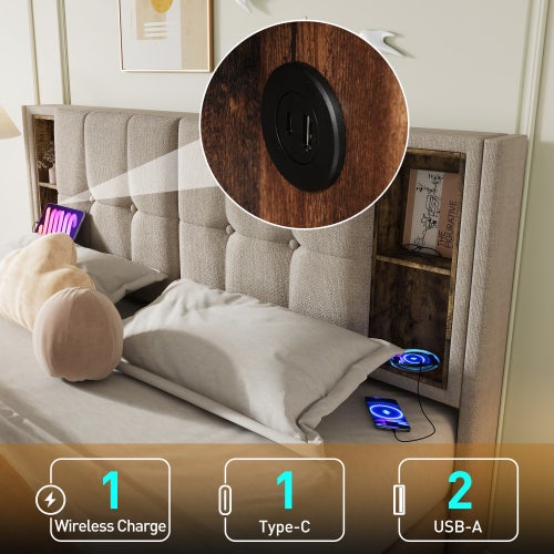 Lit coffre Lit double lit 160x200cm lit rembourré ,avec chargement sans fil USB C, sommier à lattes en bois, lin ,Beige - 6