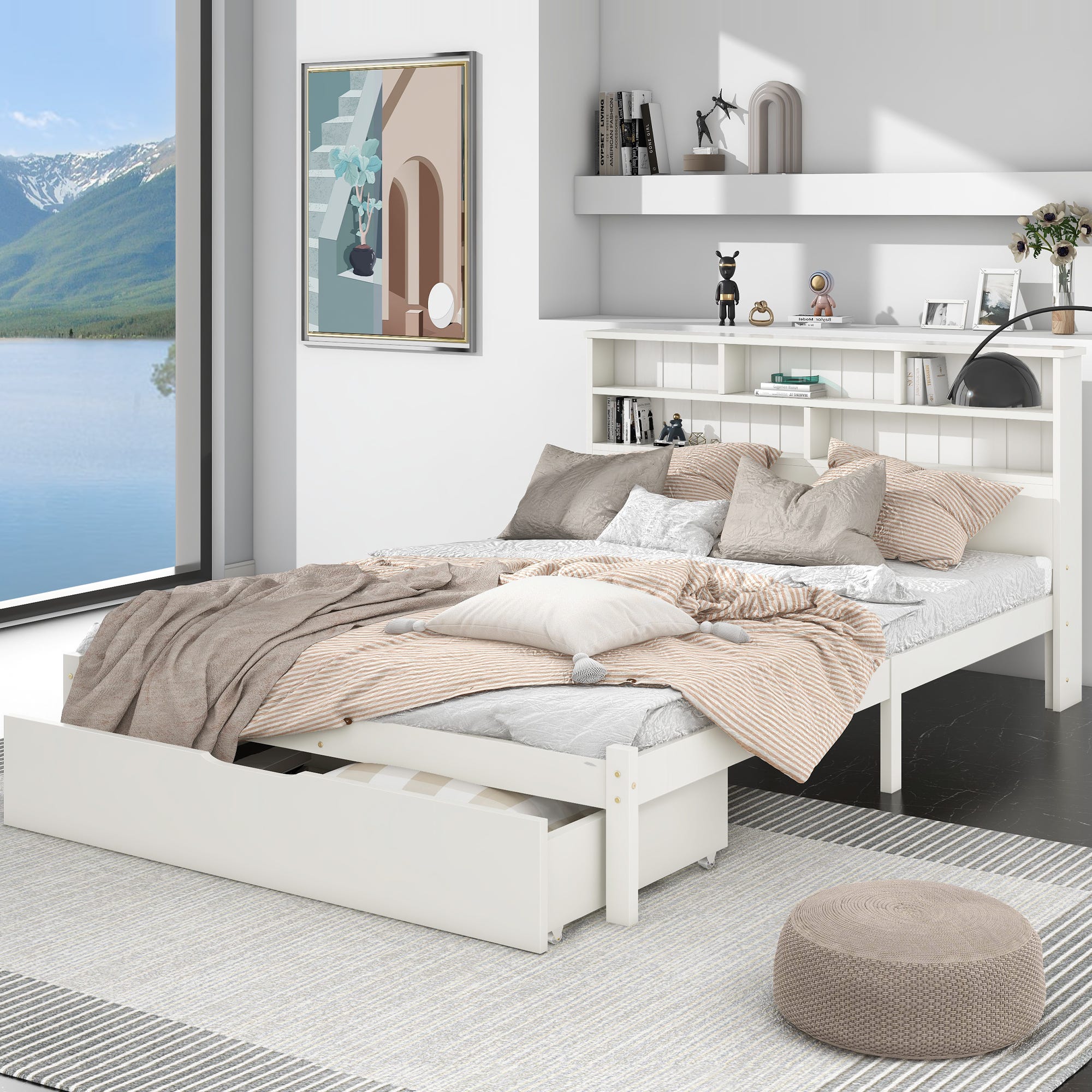 Letto 160 x 200 cm con base e 3 cassetti, testiera imbottita con contenitore e LED, USB, Beige Letto 160 x 200 cm con base e 3 cassetti, testiera imbottita con contenitore e LED, USB, Beige