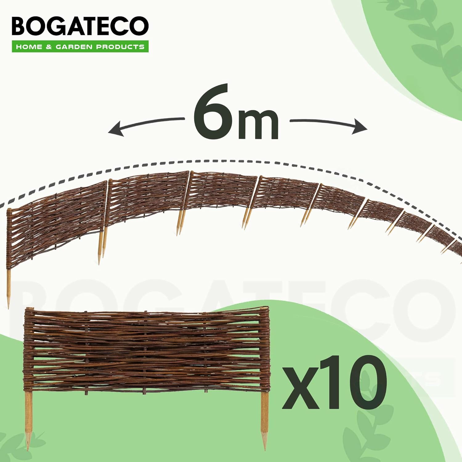 10 x Bordure clôture en osier BOGATECO en saule | 60 cm de longueur et 20 cm de hauteur | Bordure de pelouse de clôture en bois - 2