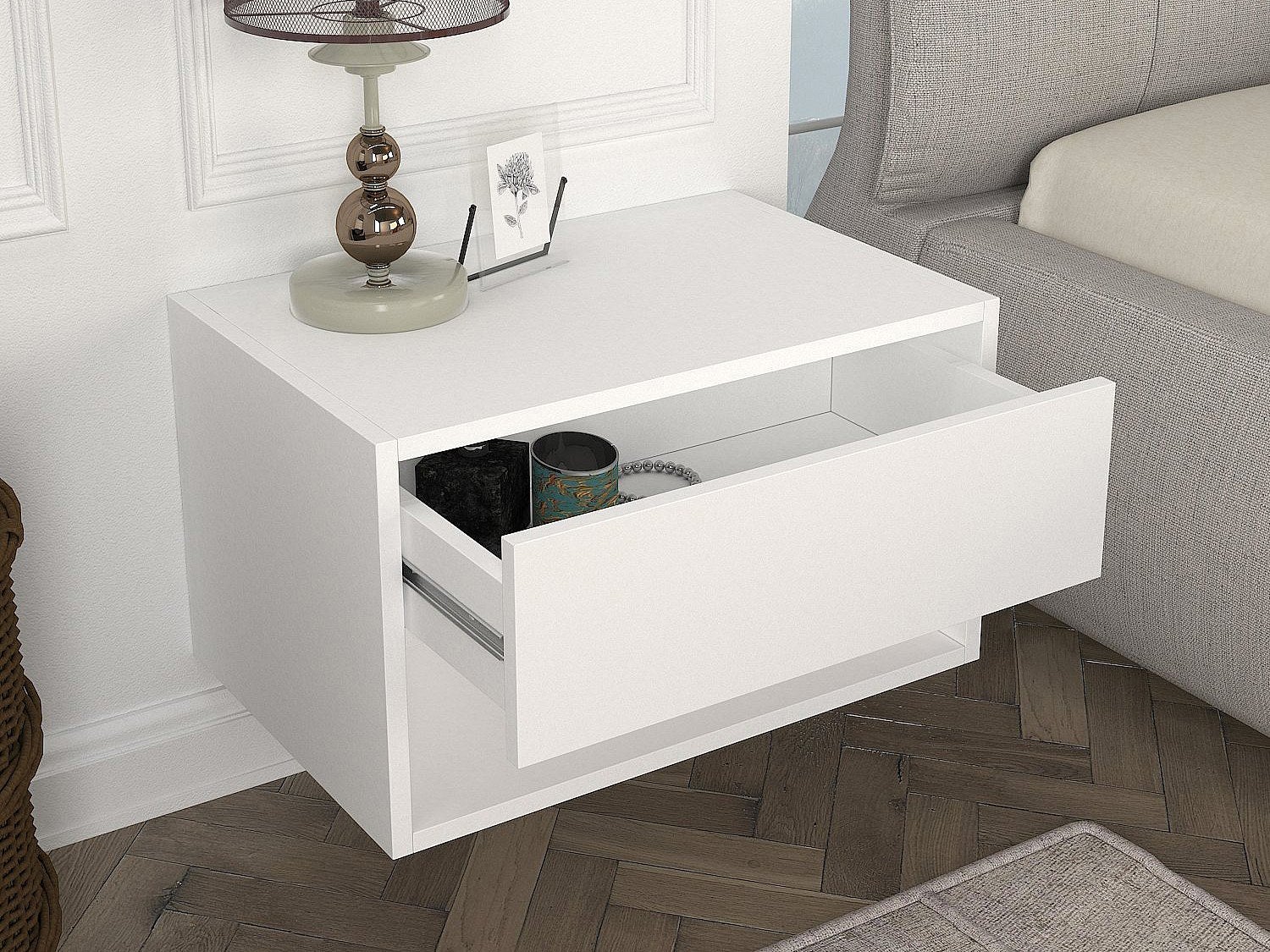 Mesa de noche flotante - 1 cajón y 1 estante - Blanco - RITAMI - 3