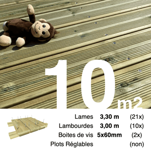 Kit terrasse Pin autoclave Vert pour 10 m² • Lames 3,3 m, lambourdes 3 m et visserie Inox