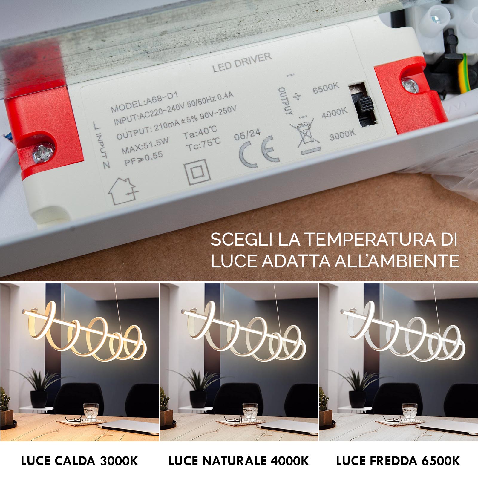 Suspension LED stylisée 60 W CCT 3000 K à 6500 K Design moderne Lampe suspendue Cuisine Salon Éclairage de table - 2