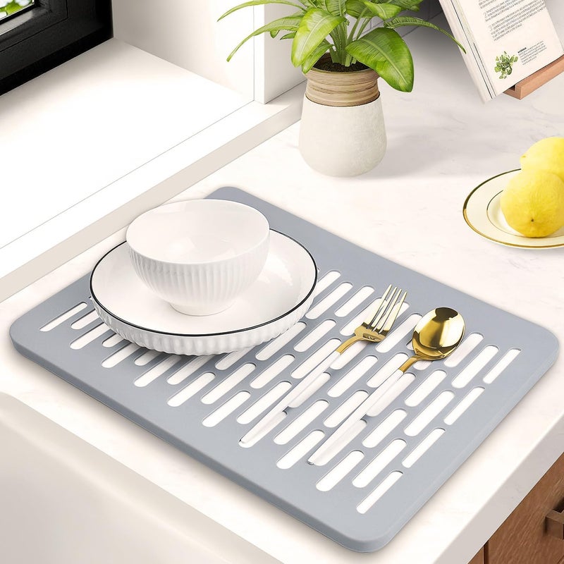 Mata do suszenia naczyń z ziemi okrzemkowej, antypoślizgowa - super chłonna z silikonowym paskiem, szara
