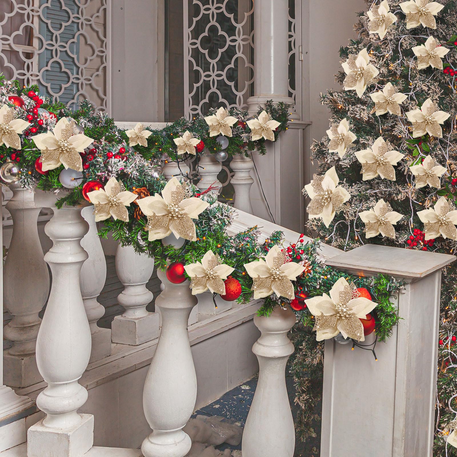 16 pezzi di decorazioni natalizie, fiori artificiali di Natale glitterati con clip, decorazioni per l'albero di Natale, pendenti con fiori di Natale - 3