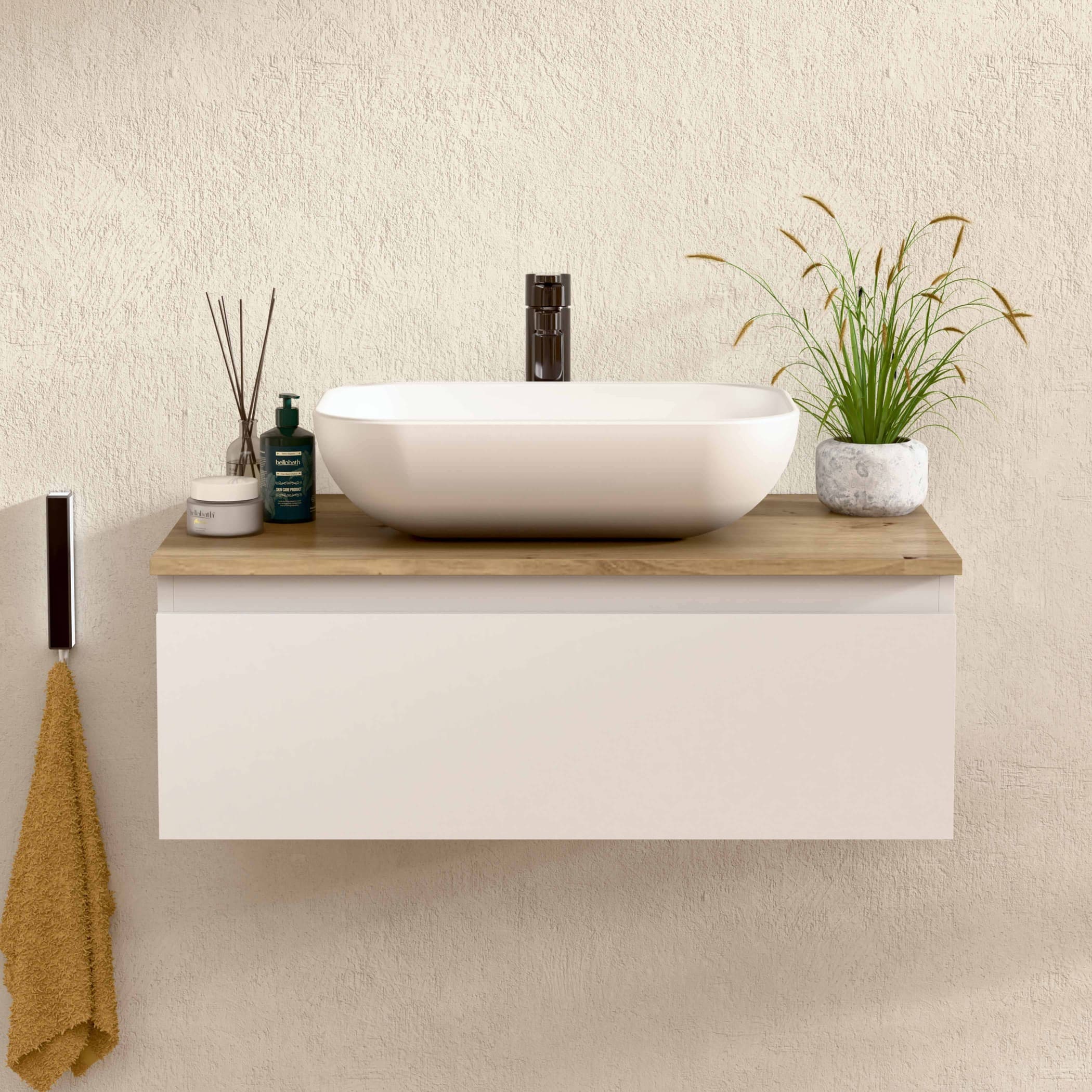 BELLOBATH - Móvel de Banheiro Suspenso com Lavatório de Cerâmica, Móvel de Banheiro com 1 Gaveta, 60 x 27 x 46 cm, Móvel Branco e Tampo Carvalho - 2