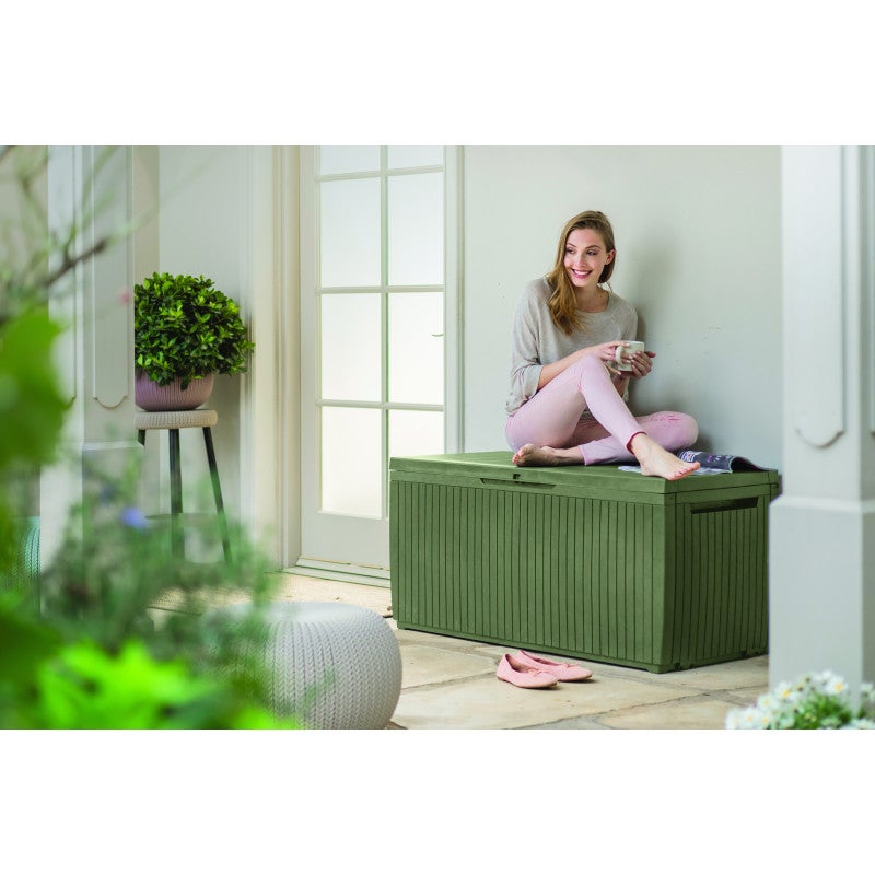 Coffre de rangement extérieur Keter Springwood 305L avec roulettes et siège - Effet bois vert - 2