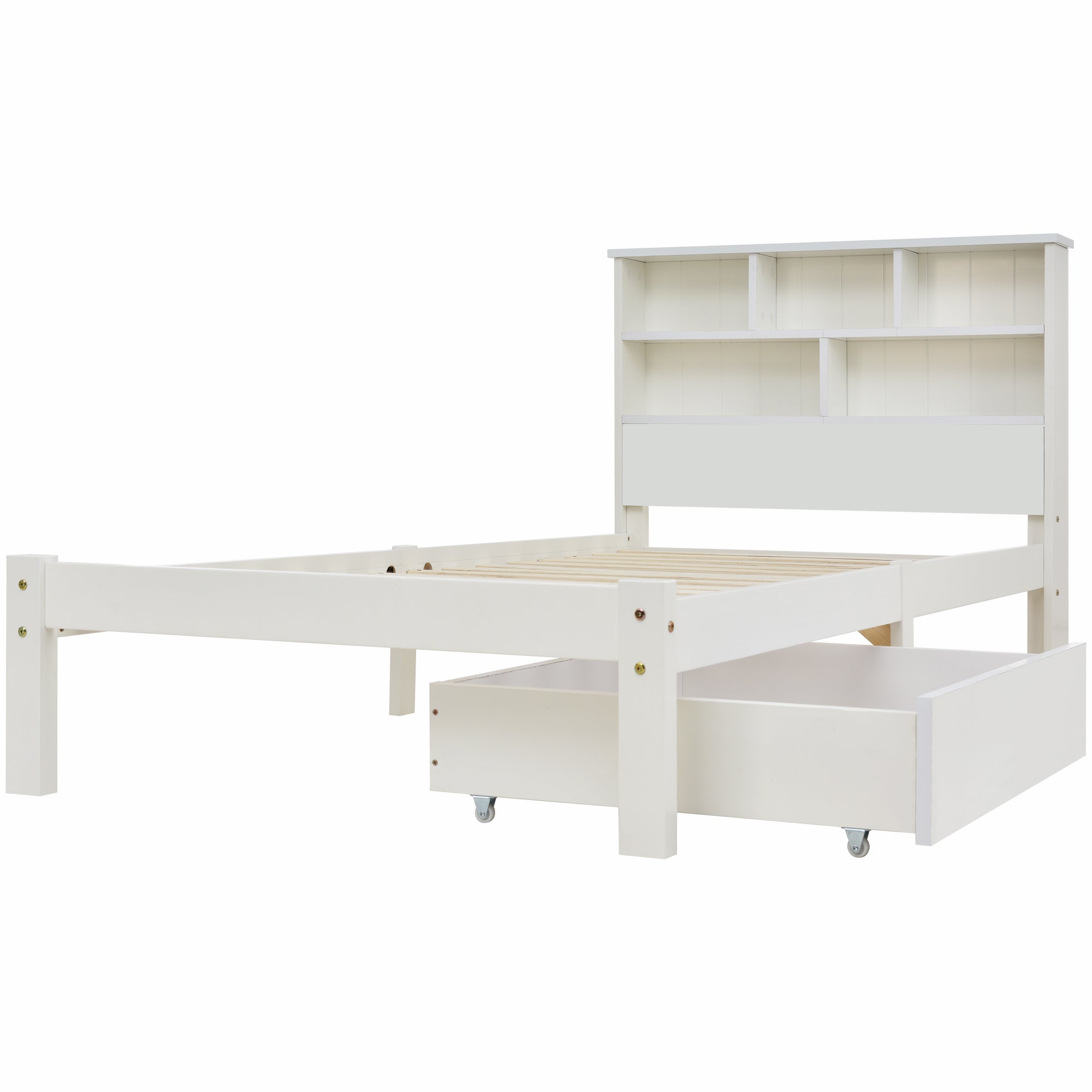 Łóżko dla dorosłych z zagłówkiem ze schowkiem + szufladą + stelażem - 90x200cm - lite drewno - białe - 5