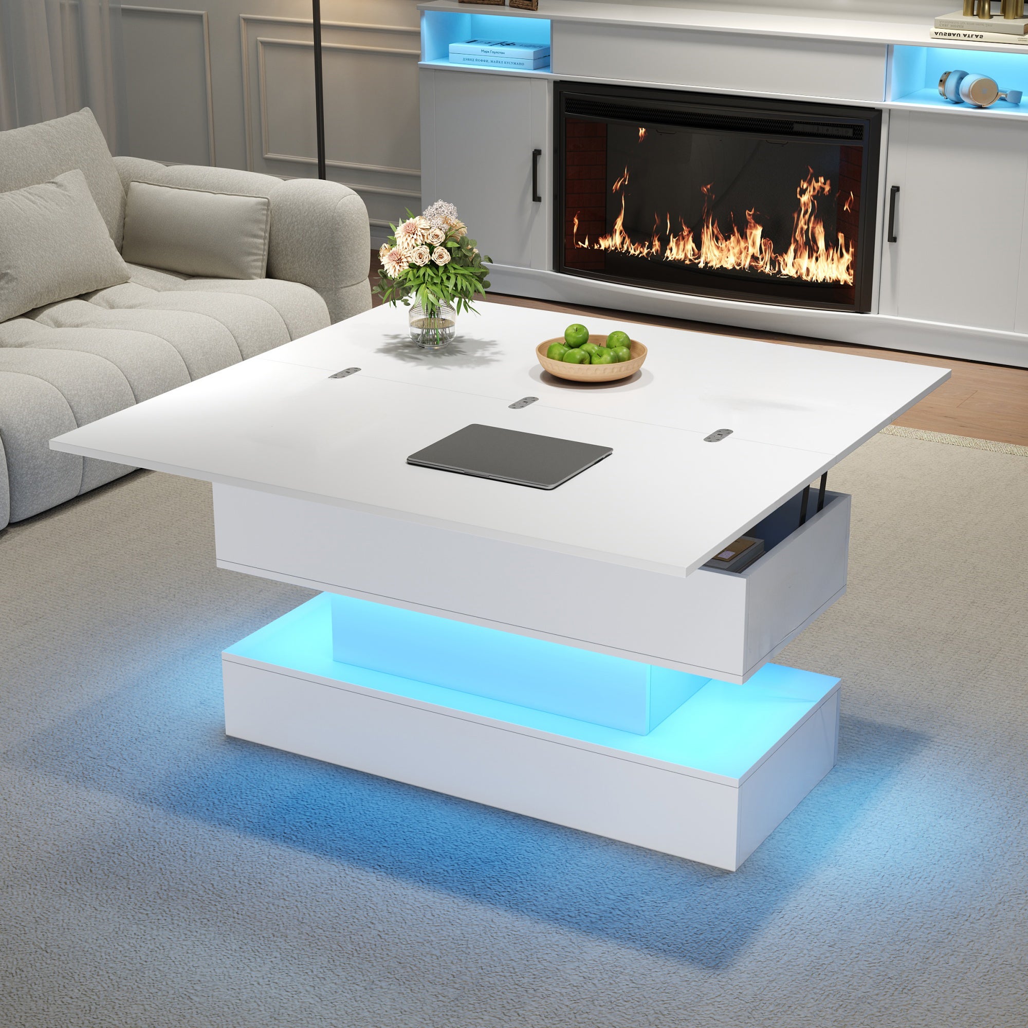 Podnoszony stolik kawowy z rozkładanym blatem - 100 x 50 x 51,5 cm - gniazdo USB-C i diody LED - płyta wiórowa - biały