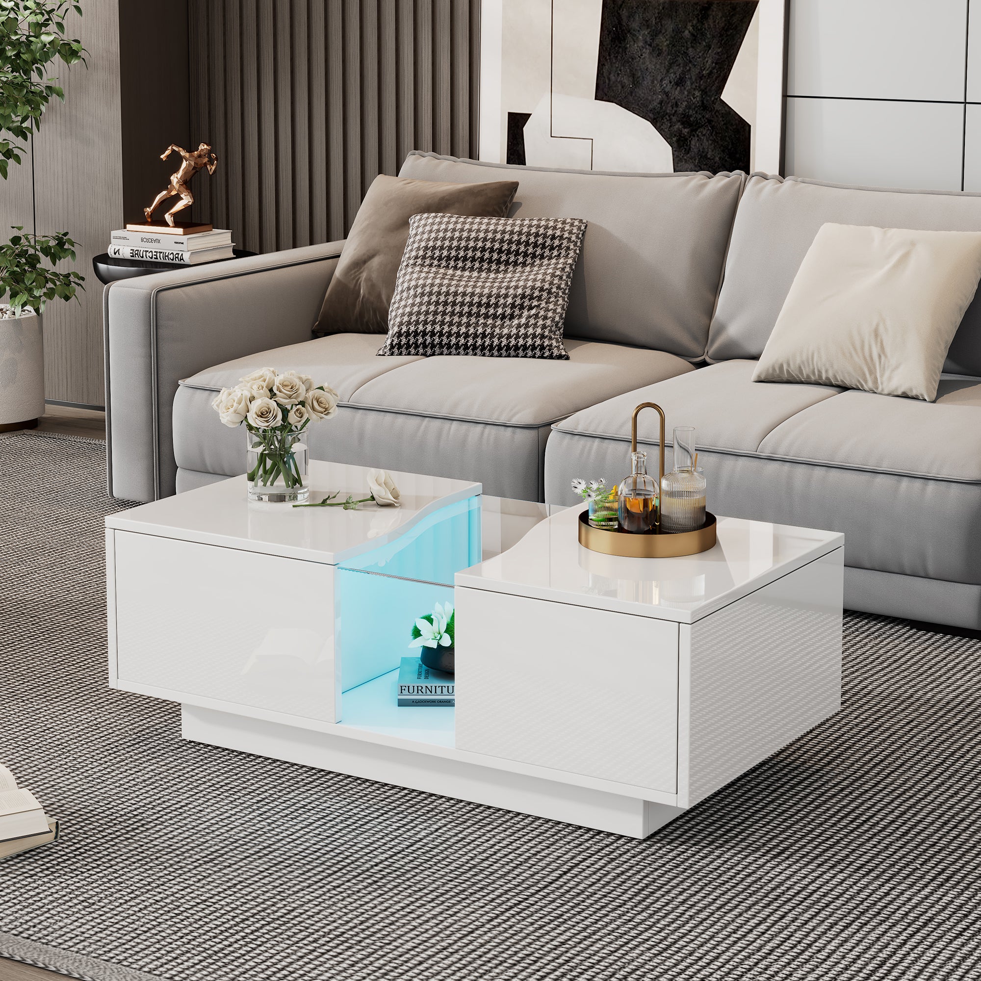 Nowoczesny stolik kawowy z 2 szufladami - 100 x 50 x 35 cm - diody LED - blat z płyty MDF i akrylu - biały