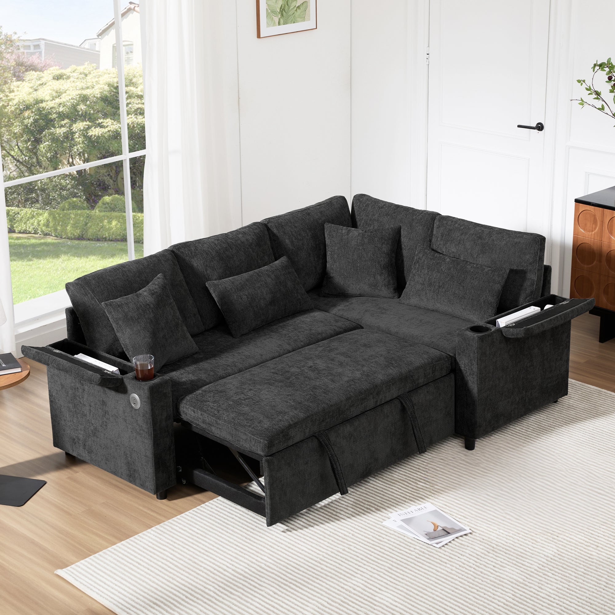 Rozkładana sofa narożna w kształcie litery L - ze schowkiem - z uchwytem na kubek - portem ładowania USB - z poduszkami - szara - 3
