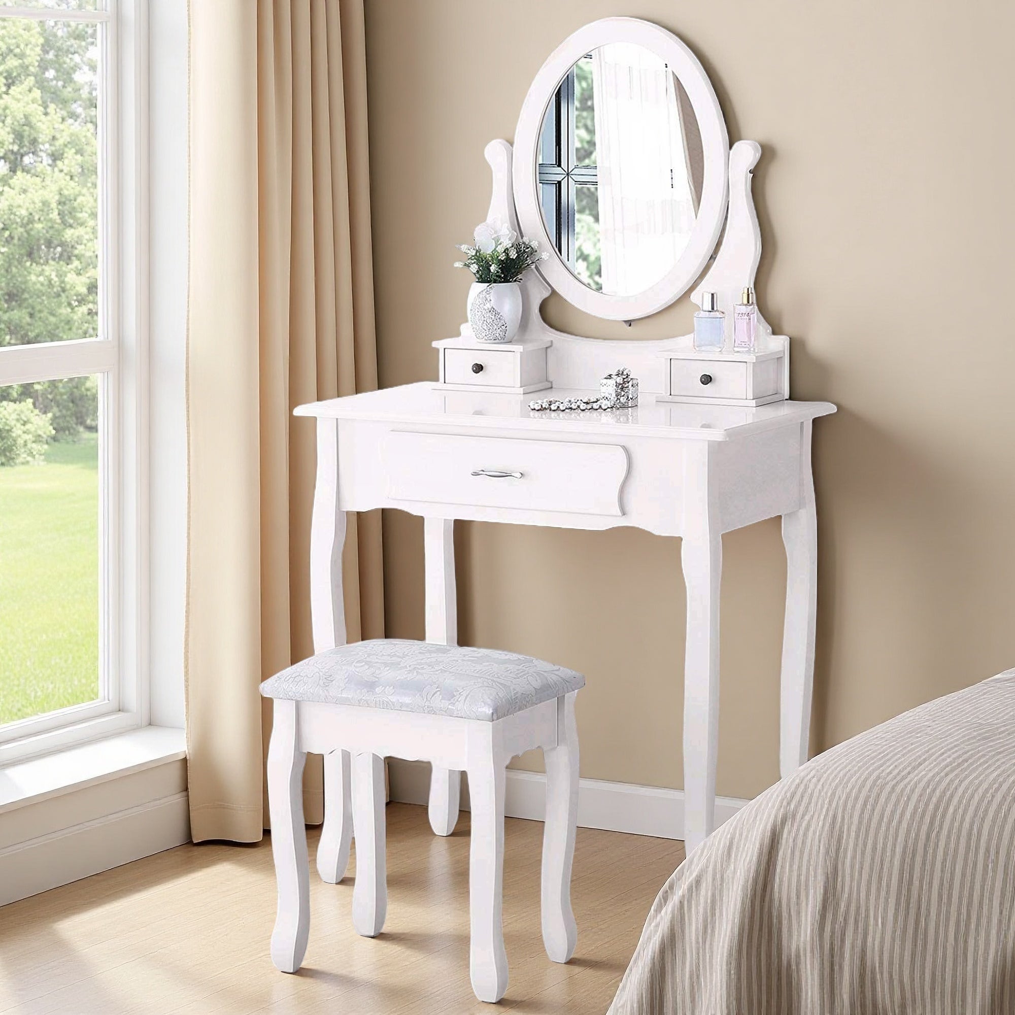 Coiffeuse avec miroir et tabouret, 3 tiroirs, miroir pivotant à 360°, style rétro-luxe, matériau MDF, blanc - 2