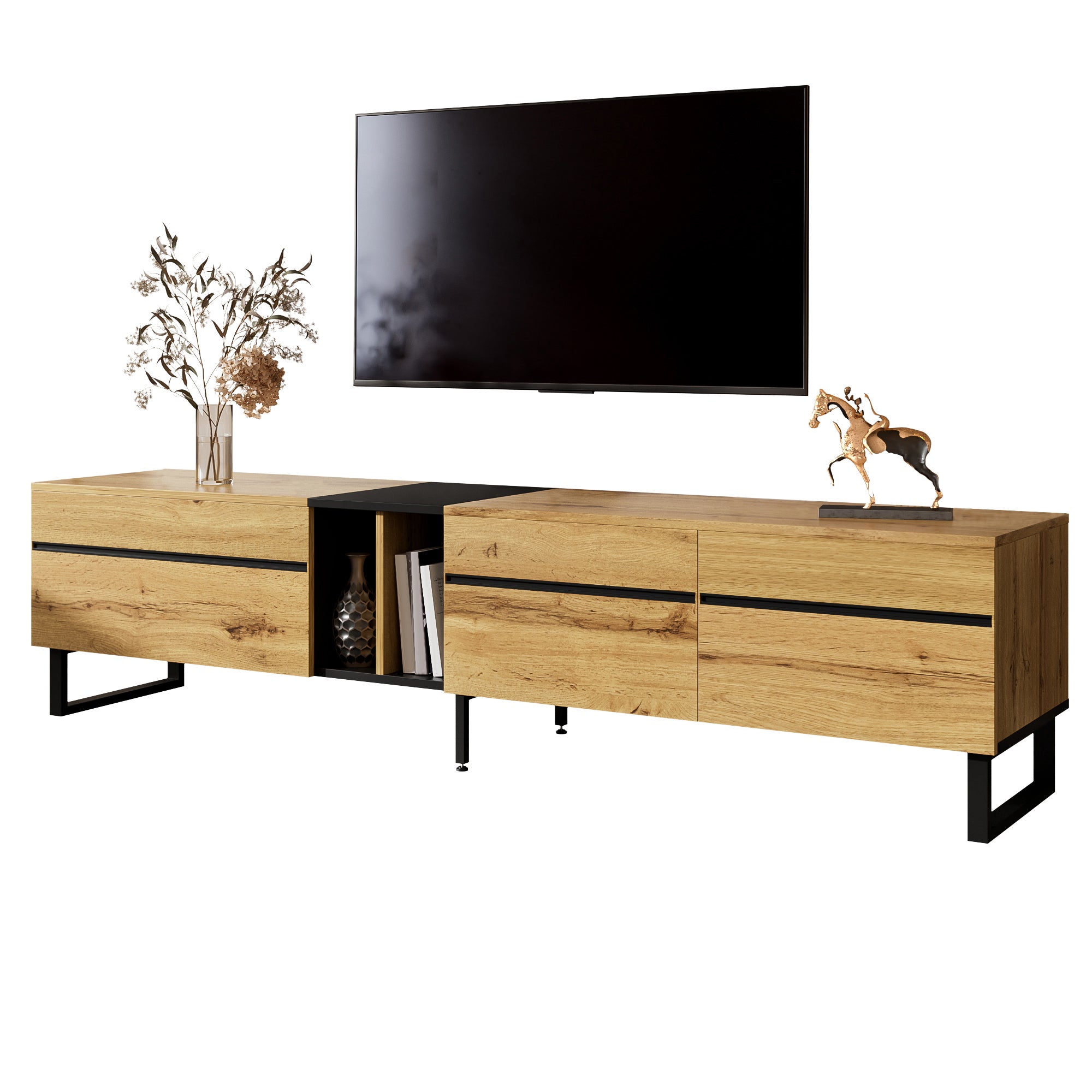 Stolik pod TV z 3 drzwiami i 2 półkami - 180 x 38 x 45 cm - Płyta wiórowa - Kolor drewna - 2