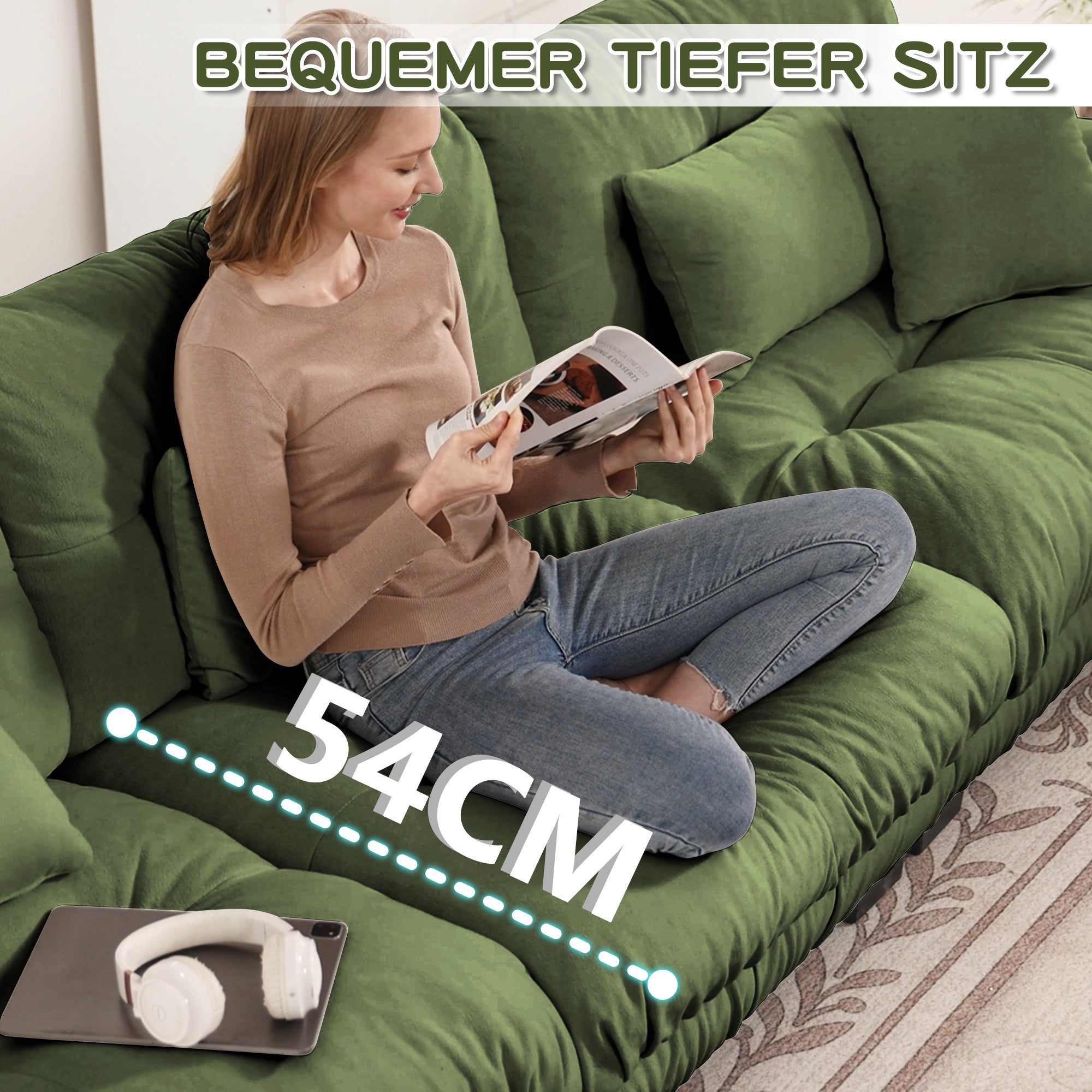 Canapé d'angle extra large en forme de L,Canapé nuage 3 places avec 1 repose-pieds,Canapé modulable avec coussins lombaires,Chenille,Vert - 9
