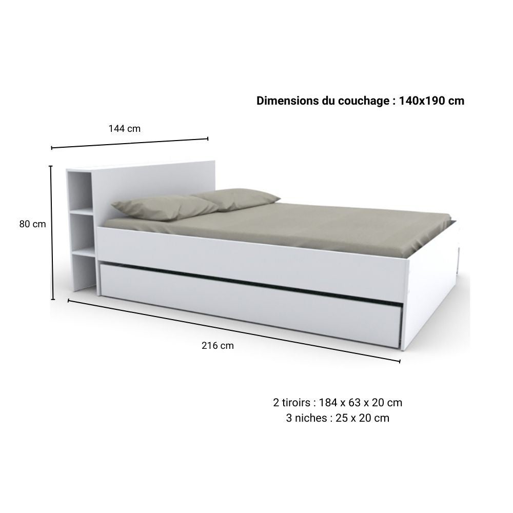 Lit 140x190 inclus 2 tiroirs Fara Blanc - 5