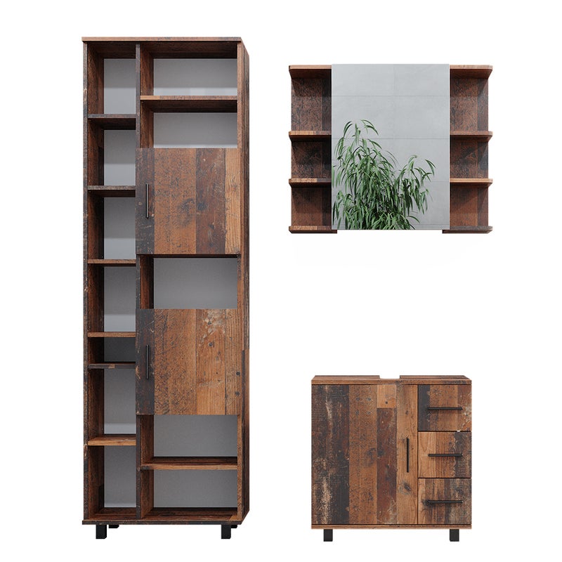 Vicco Zestaw mebli łazienkowych Ilias, Rustykalny dąb, 3 części, z szafką dolną 60 cm