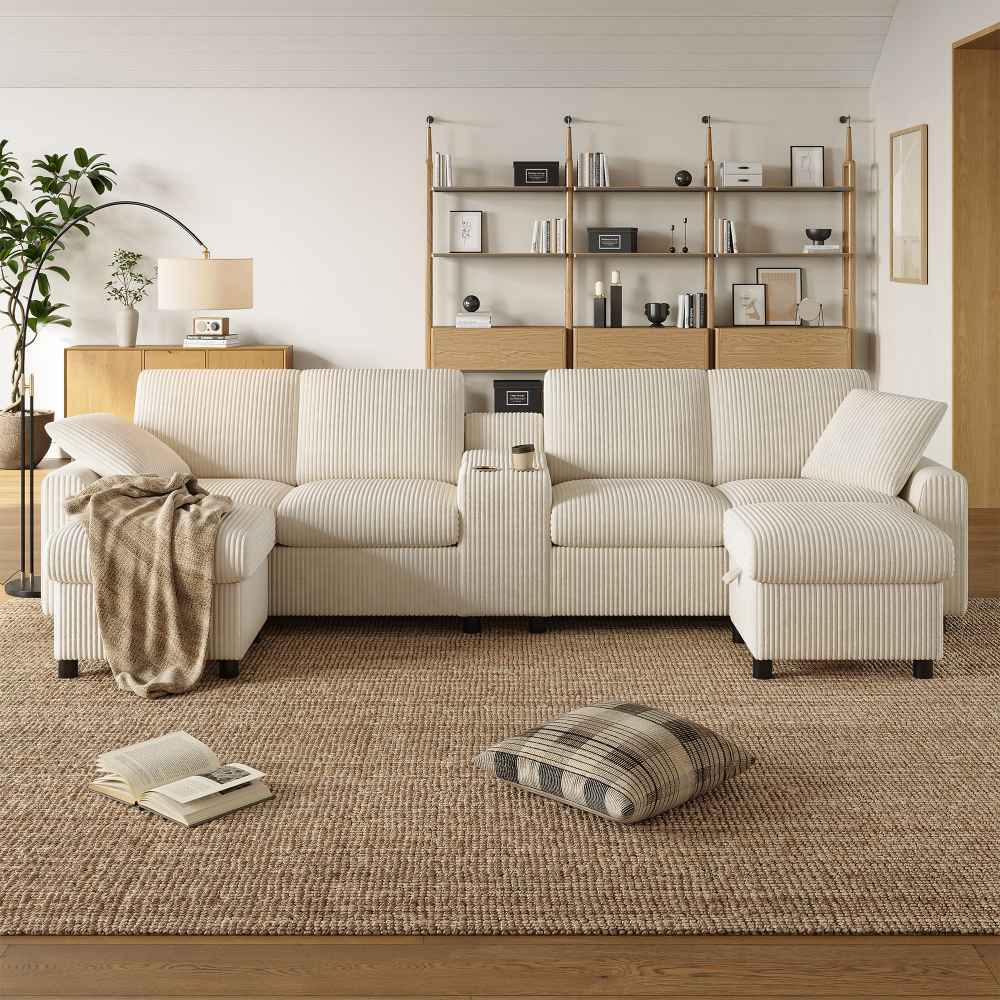 Sofa w kształcie litery U z aksamitu z 2 pufami ze schowkiem, stolikiem kawowym, uchwytem na napoje, gniazdami USB, typu C i gniazdkami elektrycznymi
