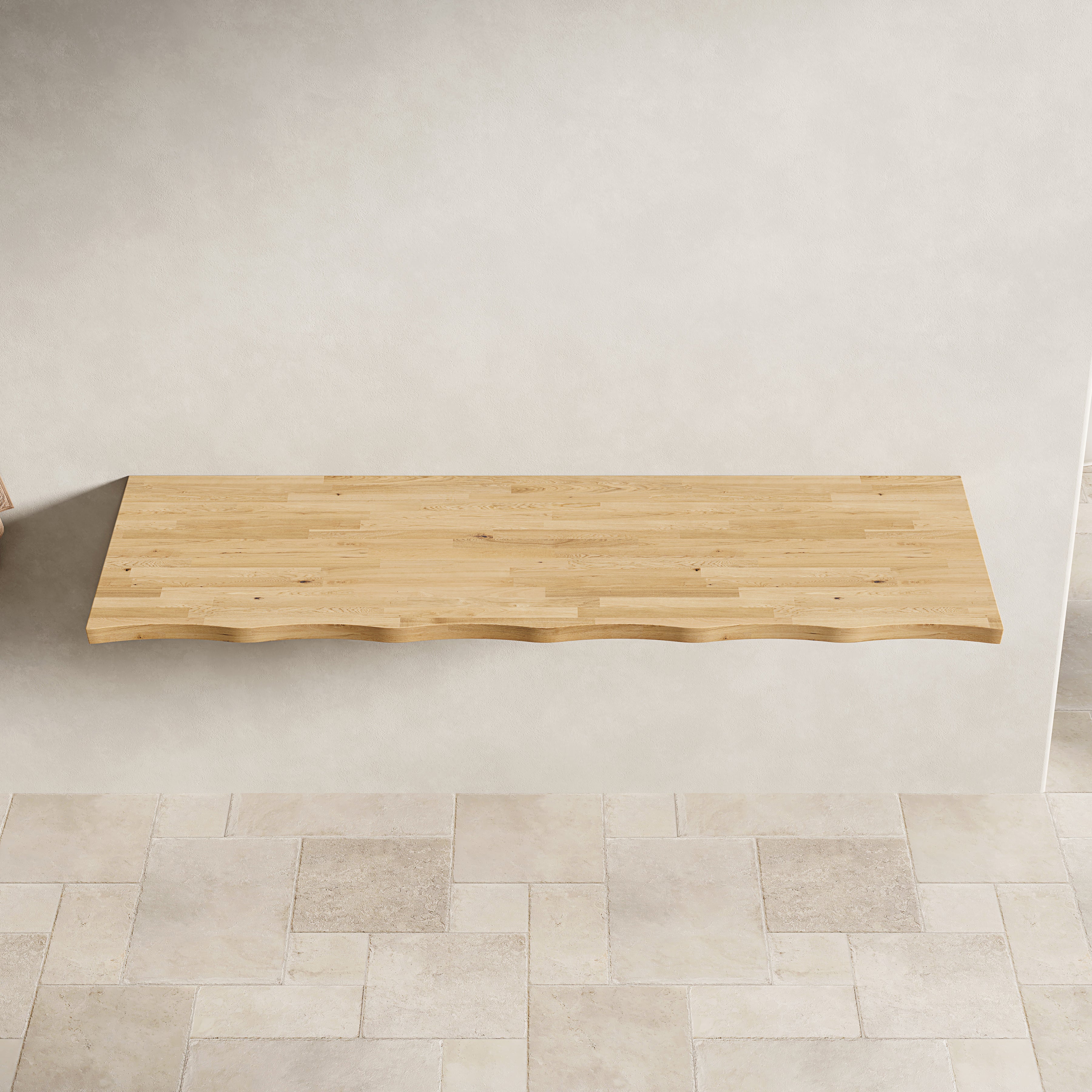 Plan de travail en bois massif 140 cm pour meuble vasque, bords ondulés, sans perçage ni supports - 4