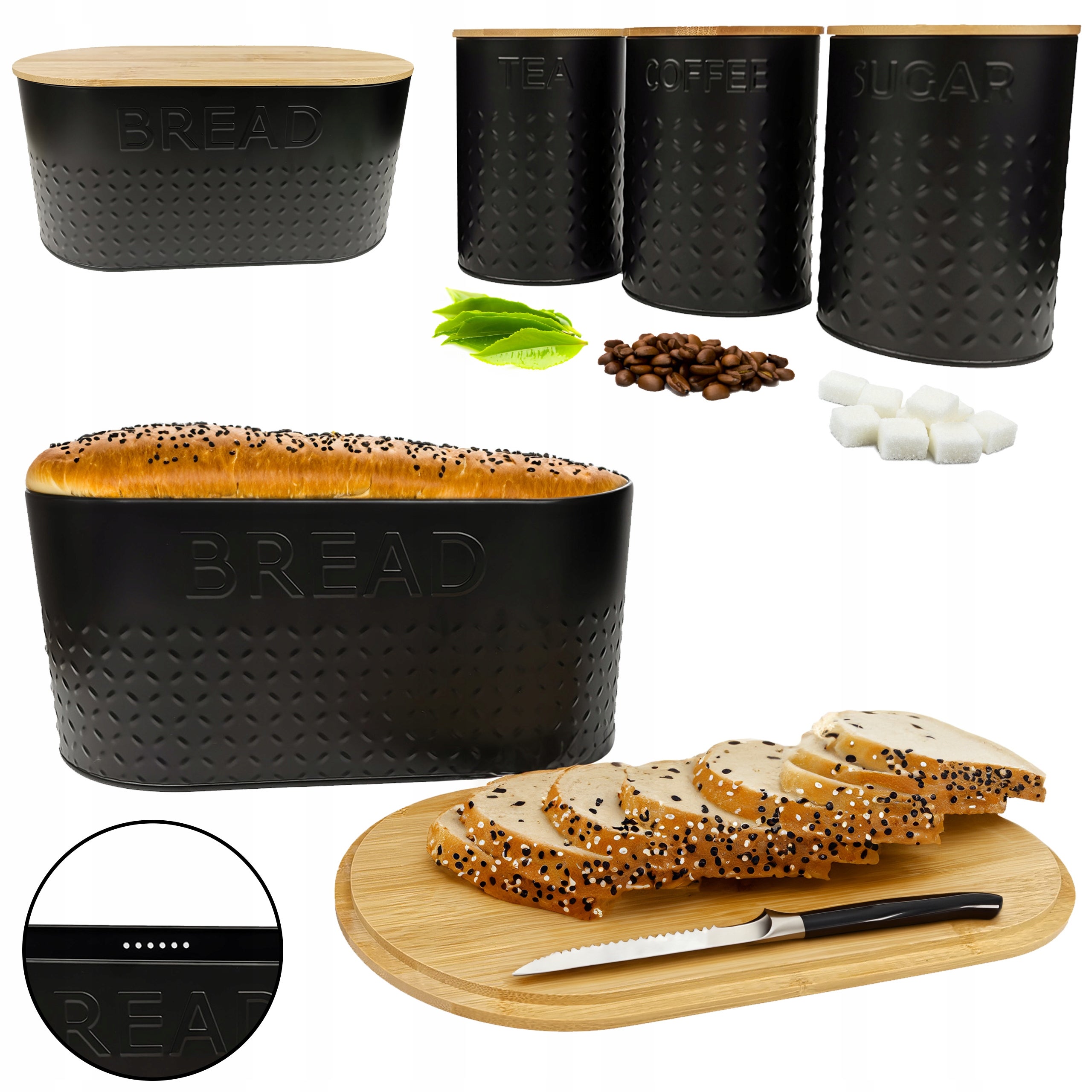 Zestaw chlebak pojemnik na chleb kawa cukier herbata deska bambus CHZ03CZ