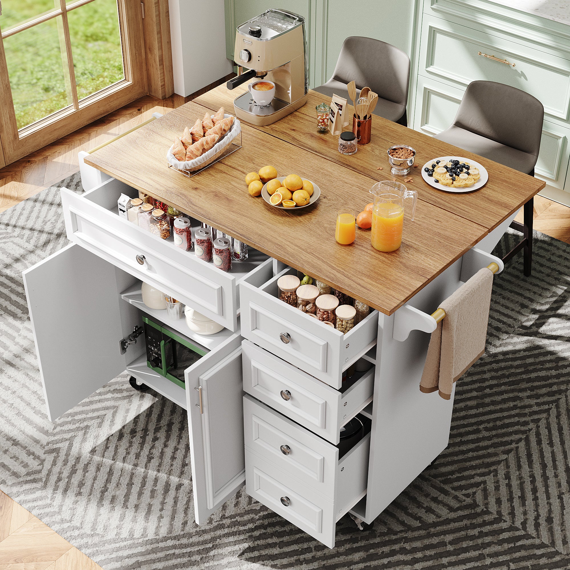 Mobilna wyspa kuchenna z 2 drzwiami i 4 szufladami - Wysuwany blat - 110x45/75x92 cm - MDF - Biały + naturalny