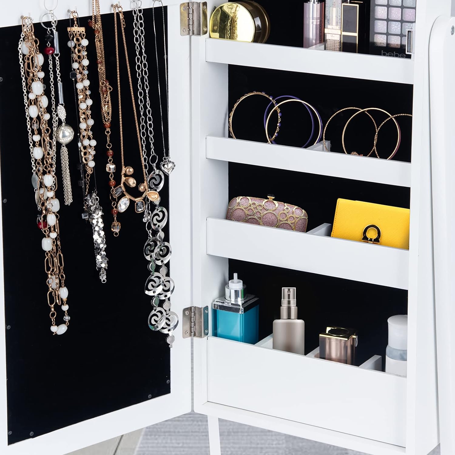 Armoire a Bijoux sur Pied,Rangemen avec Miroir Plein Longueur & Lumieres LED sur le Miroir, Autoportante Verrouillable avec Crochet de Collier(Blanc) - 9