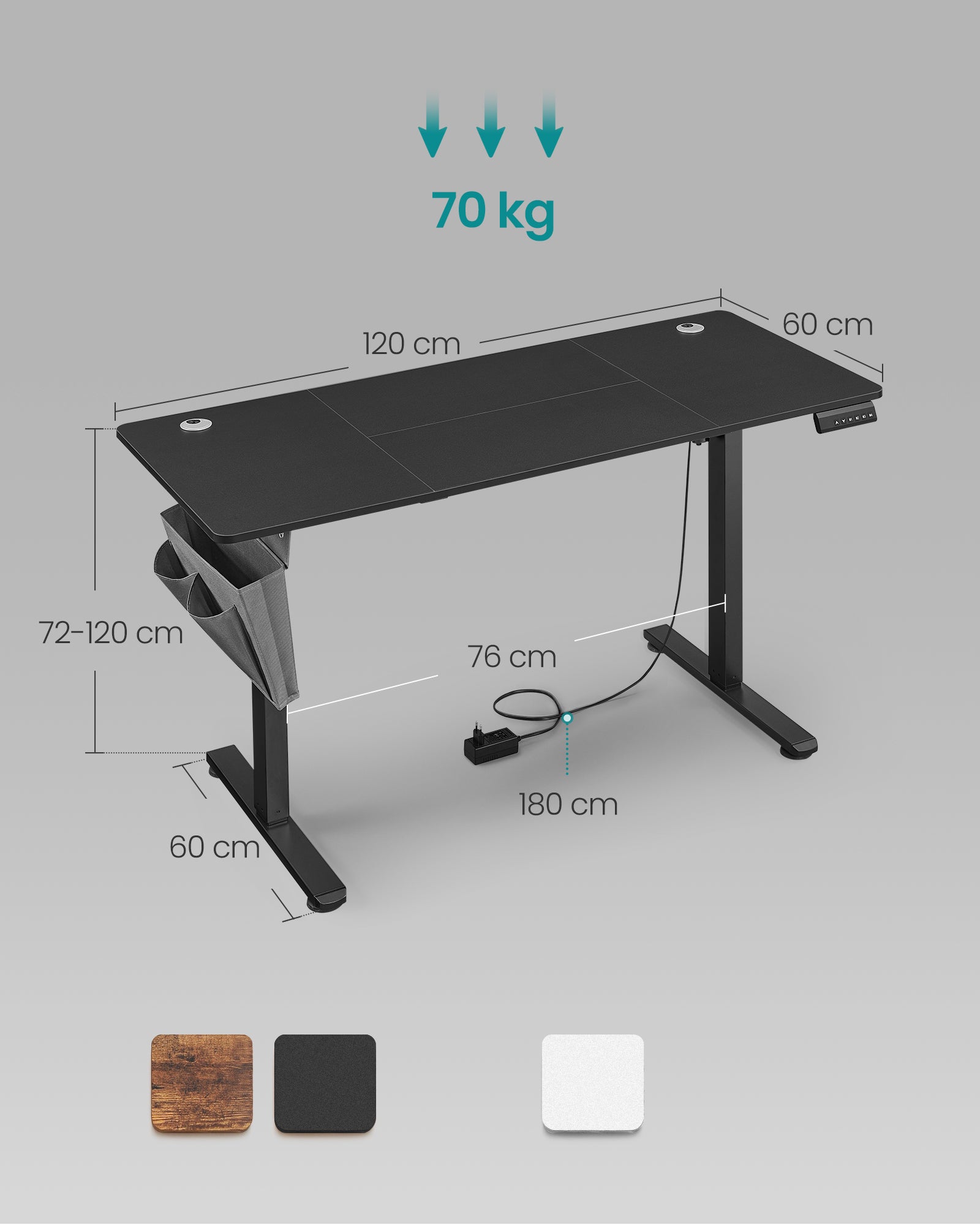 Bureau Électrique Assis-Debout, Bureau Réglable en Hauteur, 60 x 120 x (72-120) cm, 4 Hauteurs Mémorisables, Pochette de Rangement, Noir - 5