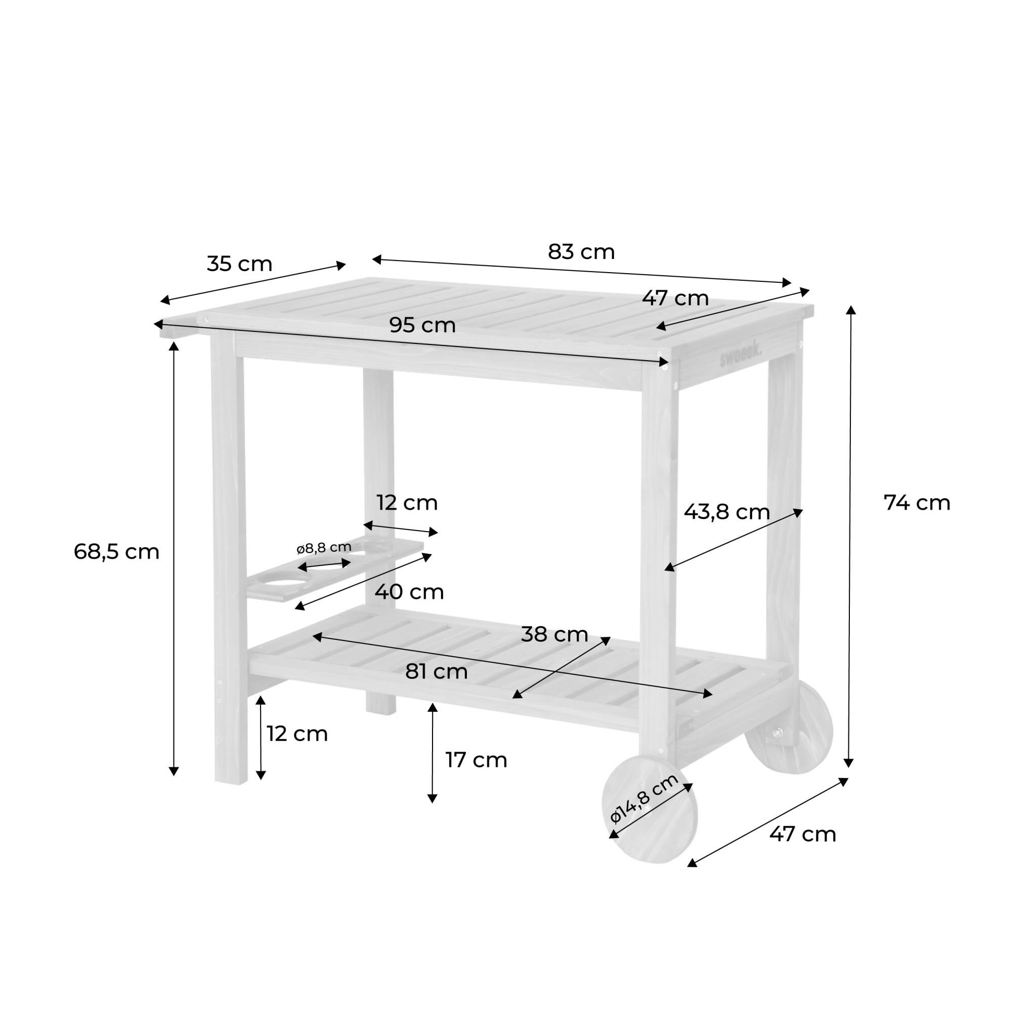 Desserte extérieure 95 cm en bois avec roues et poignée. Bois naturel. L 95 x l 47 x h 74cm AULNE - 8
