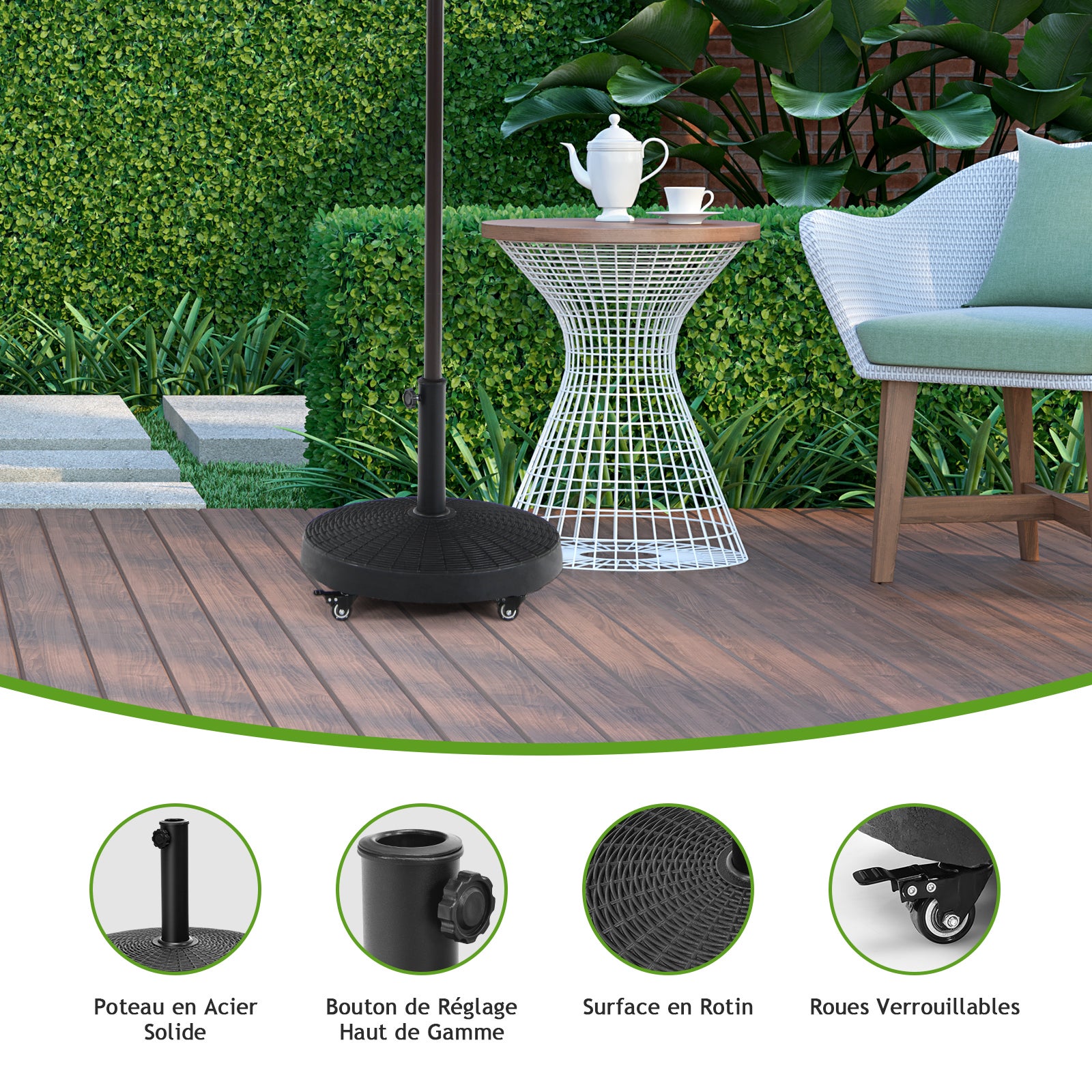 Pied de Parasol sur Roulettes φ52CM 23KG, Socle Parasol Extérieur en Résine avec Bouton Rotatif, Résistant aux Intempéries, pour Poteaux 38/48 mm - 7