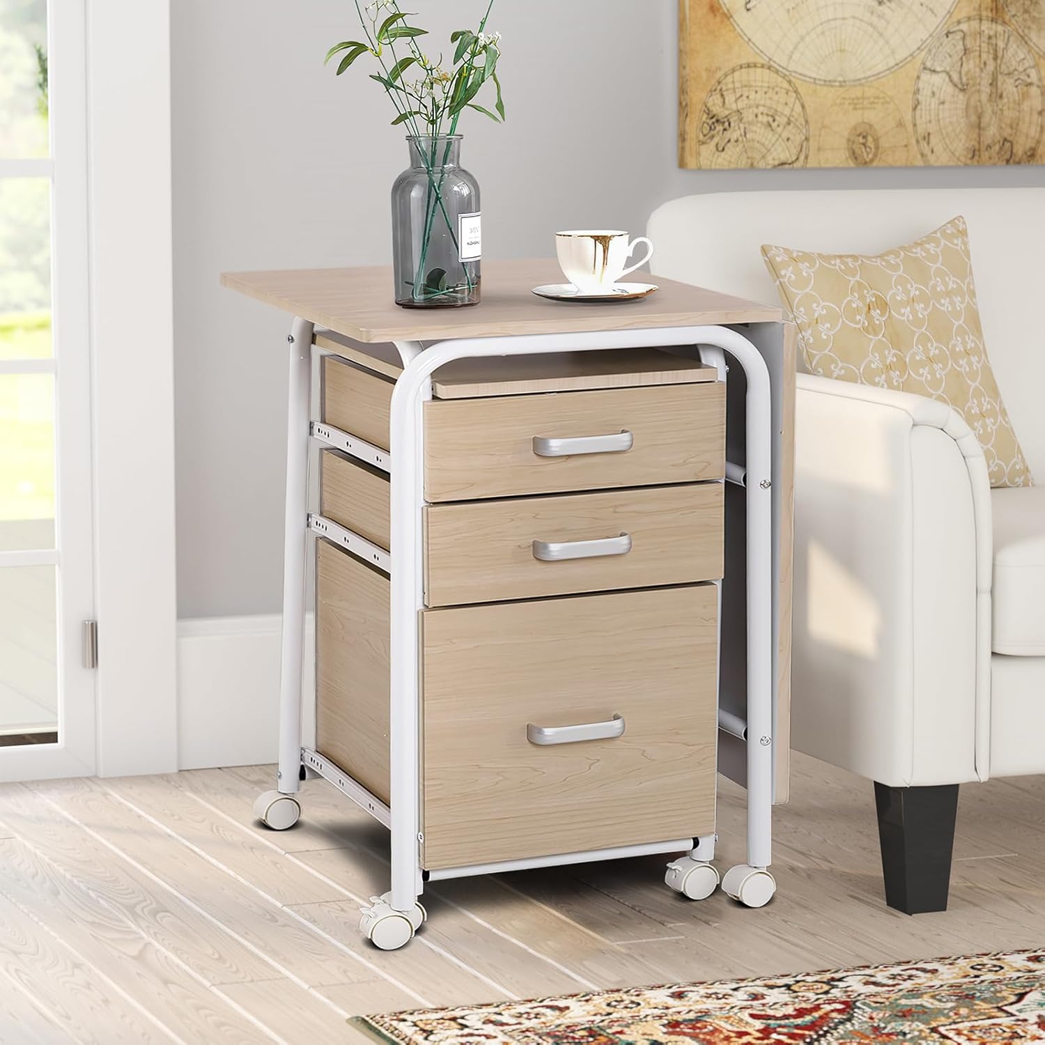 Bureau Pliable avec 3 Tiroirs, Table d'Écriture Roues Verrouillables, Bureau à Domicile Roulant avec Cadre en Métal, Naturel - 7