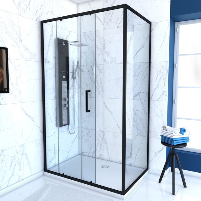 Porte de douche + Retour 120x80x200 cm - Verre 6 mm - Profilé Noir - CRUSH