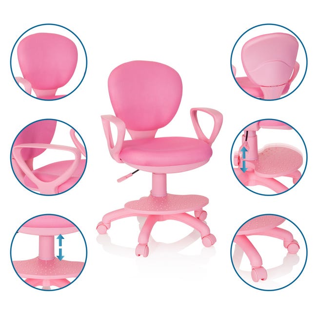 Chaise Bureau Enfant KIDDY Classic Pivotante – Dossier Réglable Hauteur, Rose, Pour 5-10 Ans, Roulettes Spéciales