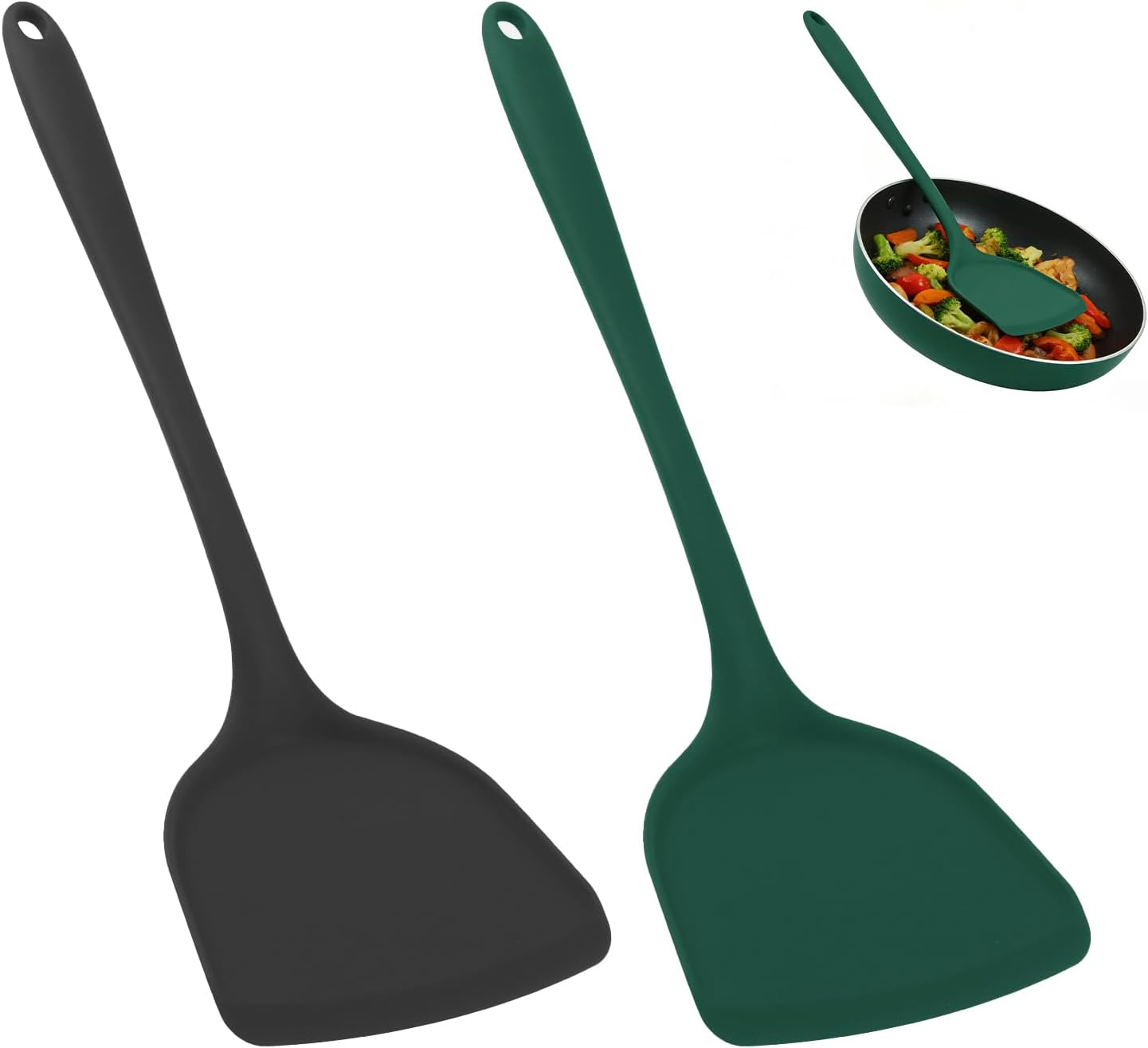 Duża silikonowa łopatka kuchenna, 2-częściowa, żaroodporna, długa, profesjonalna, nieprzywierająca, jednoczęściowa, czarno-zielona